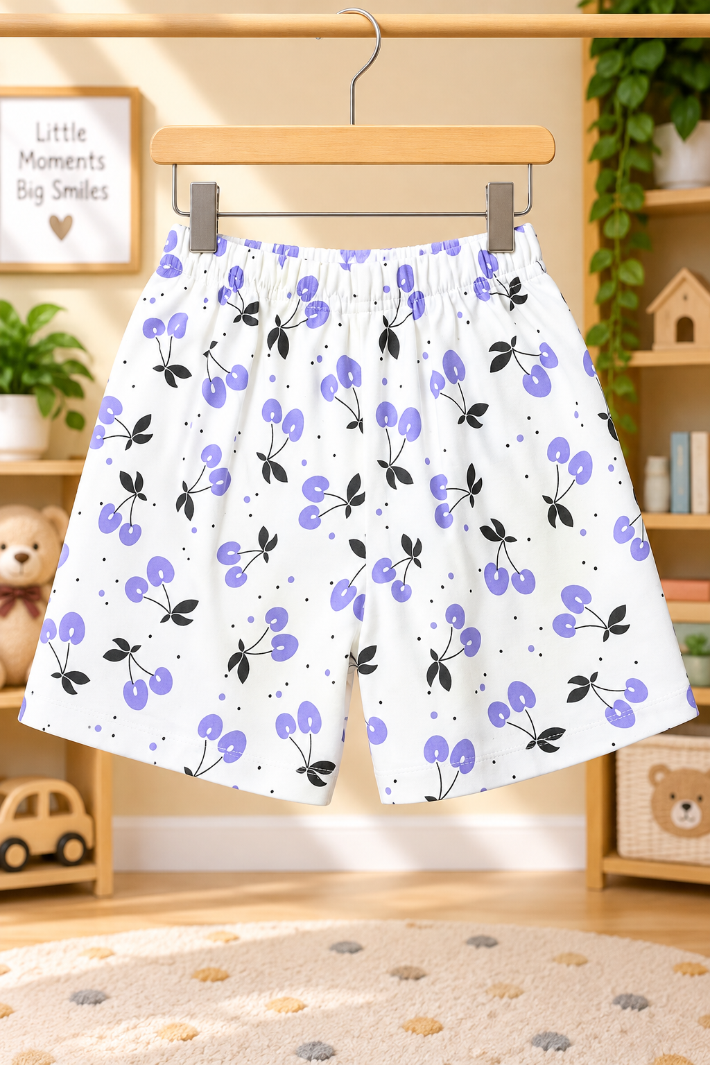 Girls / Kids Printed Pure Cotton Shorts (Pack of 3) — Sweet Little Berry White, Cherry Blossom Purple & Floral Pink | Yokidz