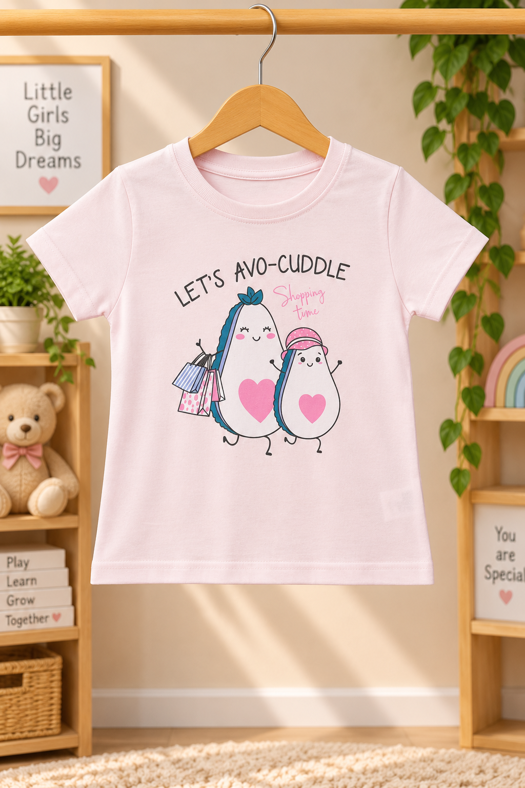Girls Let's Avo-Cuddle Graphic Print Short Sleeve T-Shirt and Avocado Pattern Pajama Cotton Nightwear Lounge Set — Light Pink / White | Yokidz
