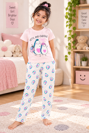Girls Let's Avo-Cuddle Graphic Print Short Sleeve T-Shirt and Avocado Pattern Pajama Cotton Nightwear Lounge Set — Light Pink / White | Yokidz