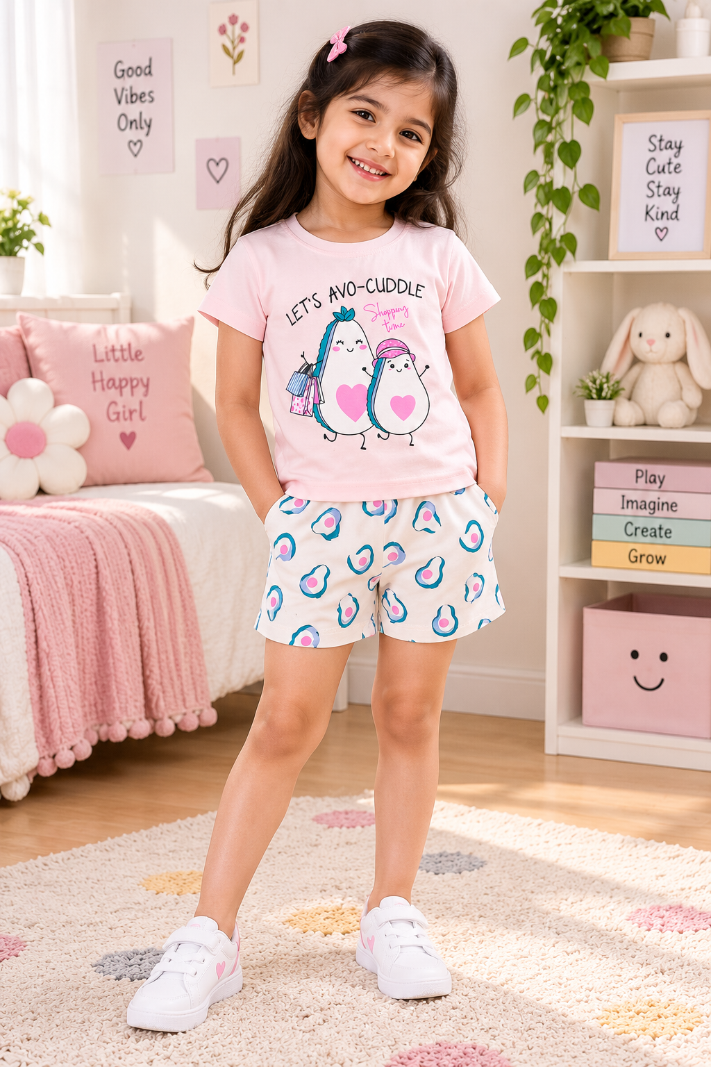 Girls Let's Avo-Cuddle Graphic Print Short Sleeve T-Shirt and Avocado Pattern Shorts Cotton Nightwear Shorts Set — Light Pink / White | Yokidz