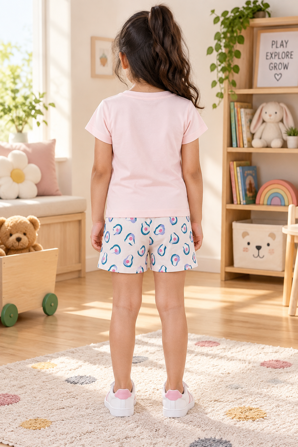 Girls Let's Avo-Cuddle Graphic Print Short Sleeve T-Shirt and Avocado Pattern Shorts Cotton Nightwear Shorts Set — Light Pink / White | Yokidz