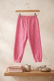Girls Cute Outline Hearts All Over Print Ribbed Cuff Cotton Pyjama Track Pants — Candy Pink | Yokidz