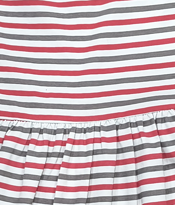 Girls Multi-Striped Ruffle Cap Sleeve Round Neck Cotton A-Line Dress — Red / Grey / White | Yokidz