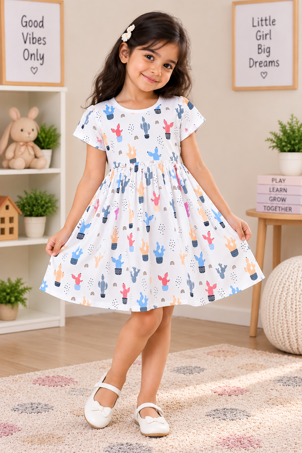 Girls Potted Cactus All Over Print Short Sleeve Round Neck Cotton A-Line Dress — White / Multicolor | Yokidz