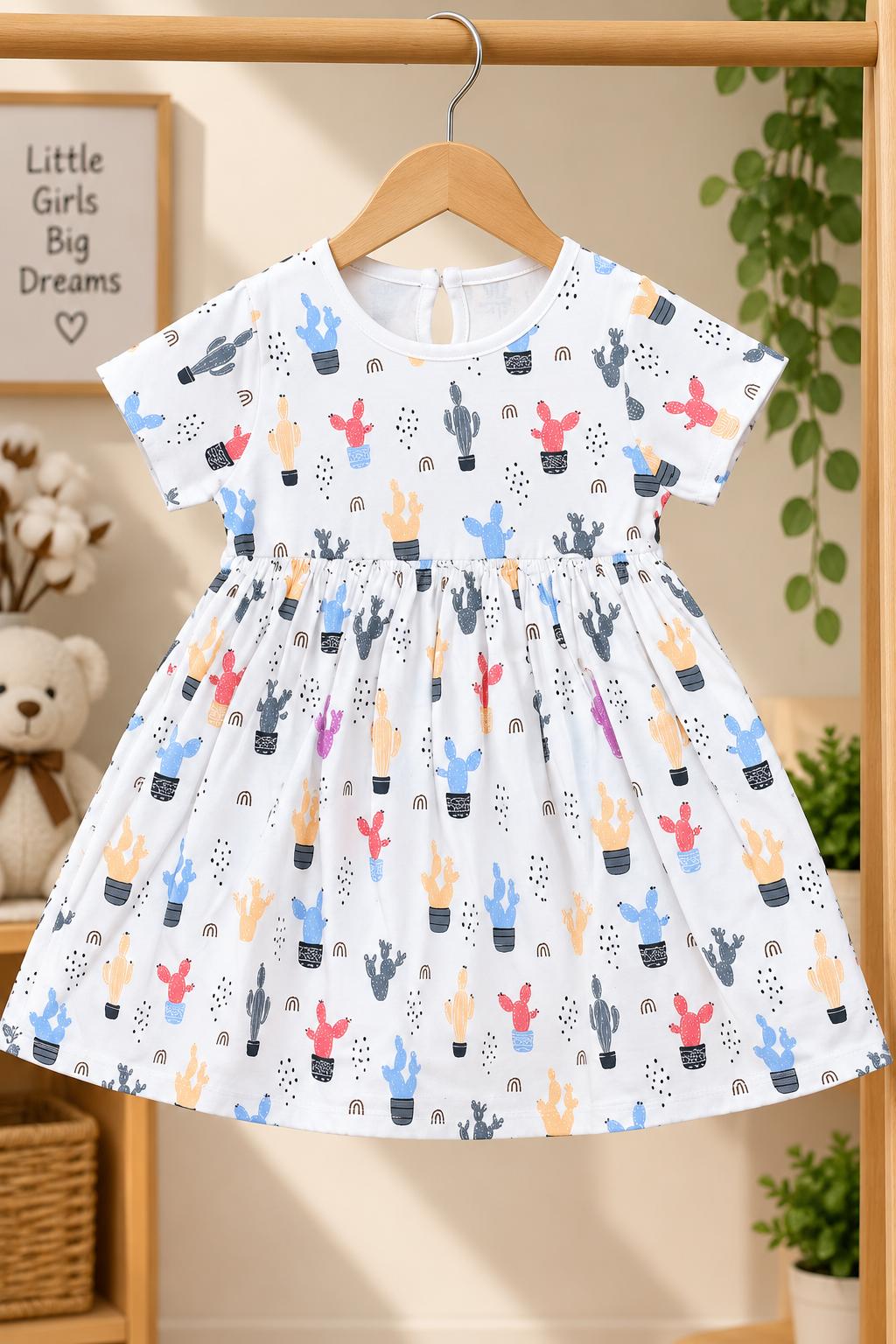 Girls Potted Cactus All Over Print Short Sleeve Round Neck Cotton A-Line Dress — White / Multicolor | Yokidz