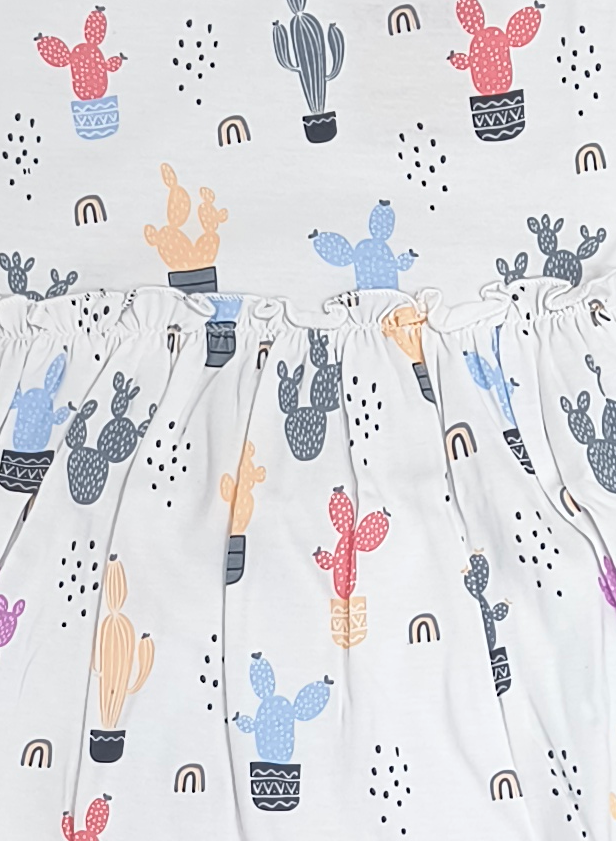 Girls Potted Cactus All Over Print Short Sleeve Round Neck Cotton A-Line Dress — White / Multicolor | Yokidz