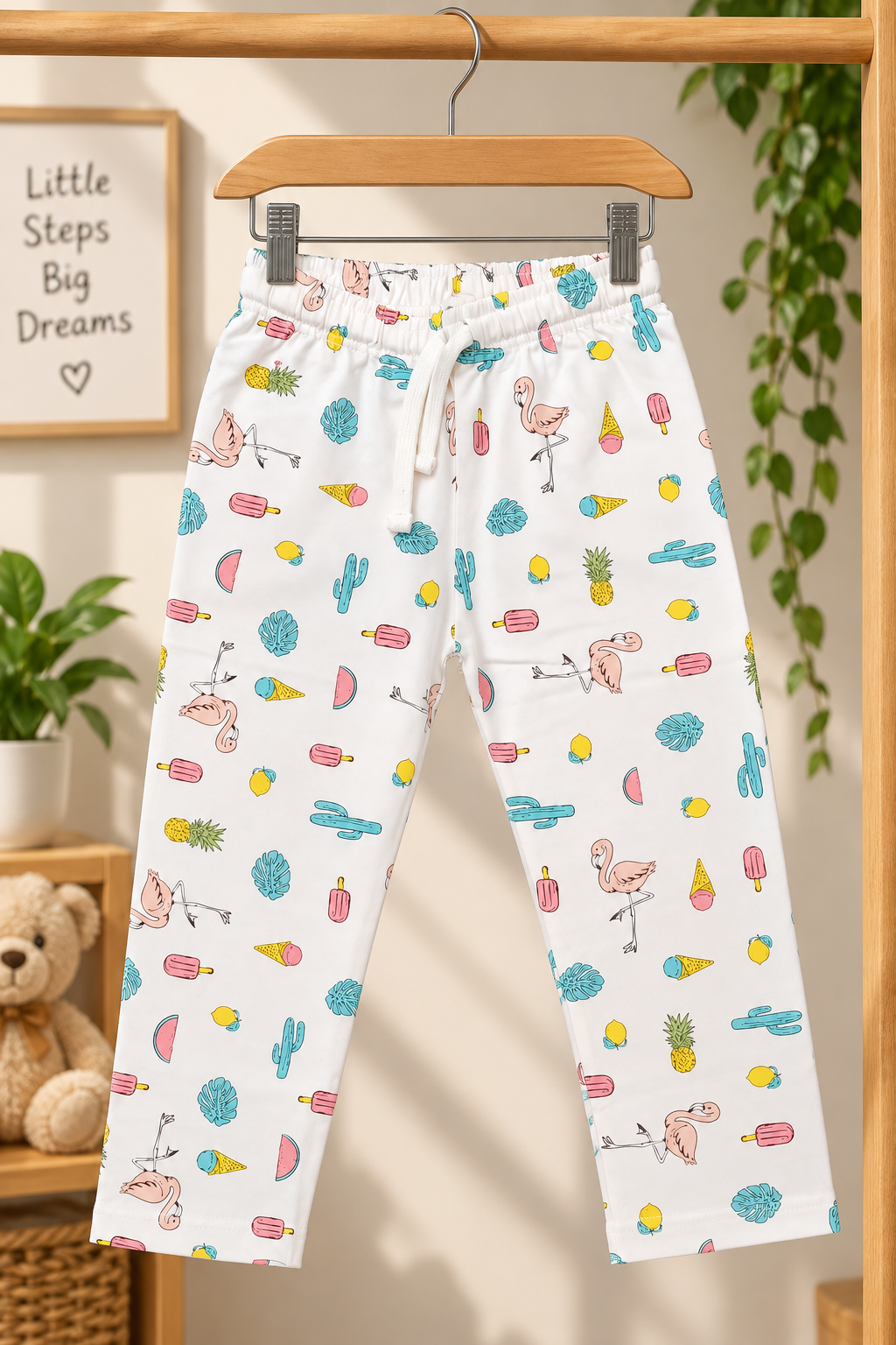 Girls Summer Vibes Graphic T-Shirt and Tropical Print 2-Piece Cotton Pyjama Set — Coral Pink / White | Yokidz