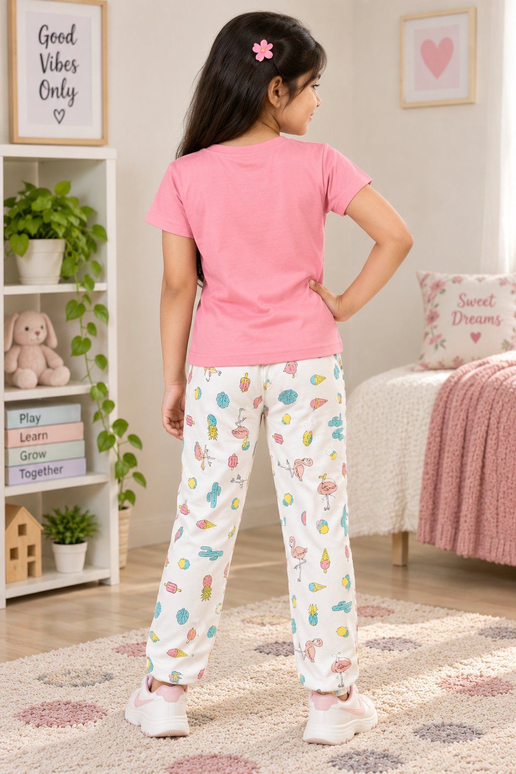 Girls Summer Vibes Graphic T-Shirt and Tropical Print 2-Piece Cotton Pyjama Set — Coral Pink  White  Yokidz
