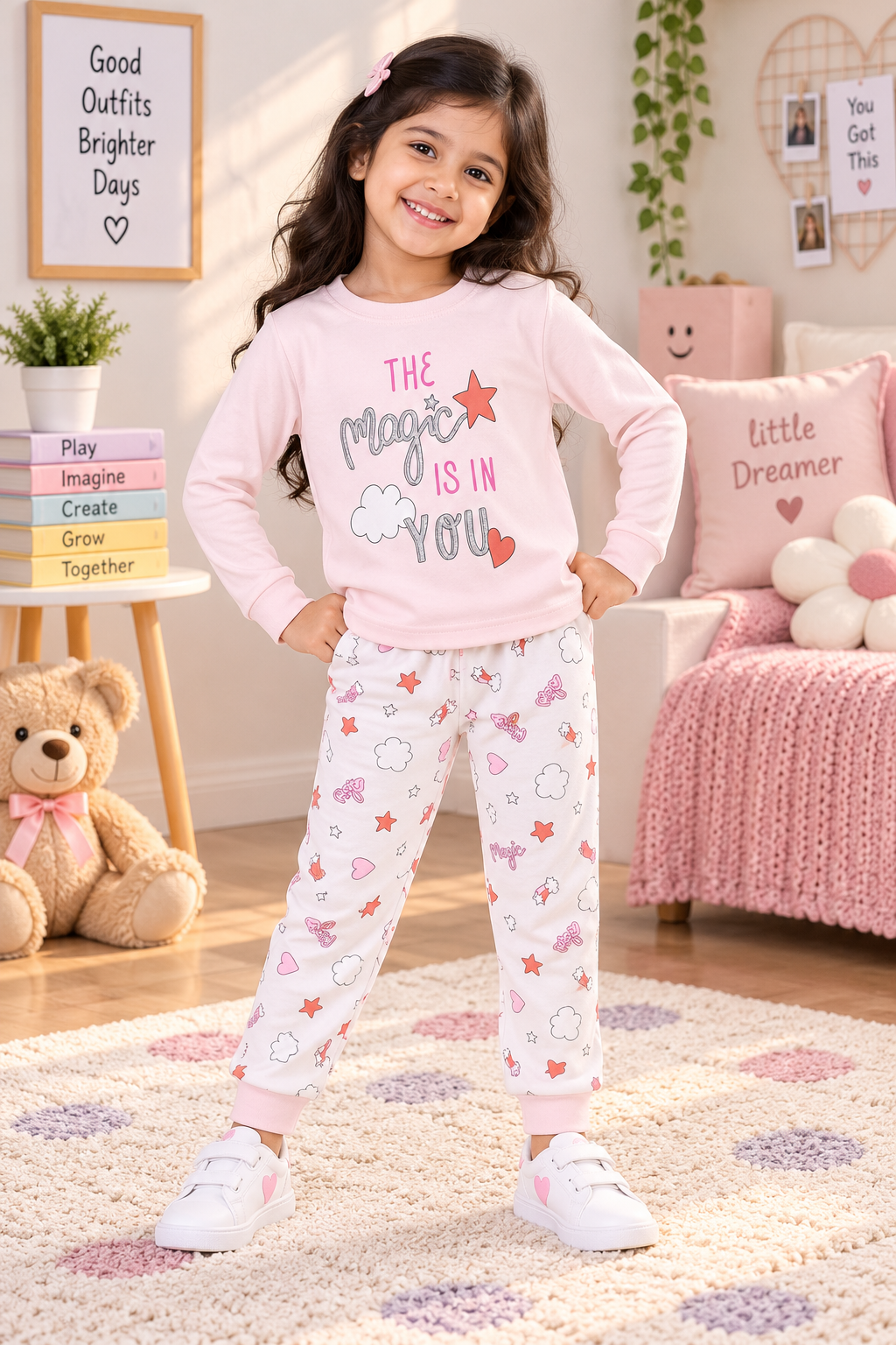 Girls The Magic Is In You Graphic Full Sleeve Sweatshirt and Printed Joggers Cotton Nightwear Lounge Set — Light Pink / White | Yokidz