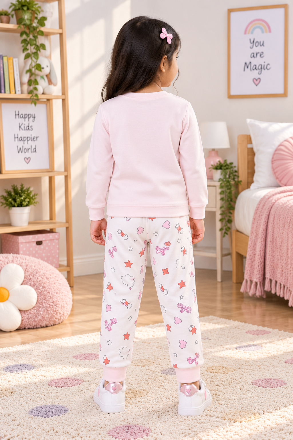 Girls The Magic Is In You Graphic Full Sleeve Sweatshirt and Printed Joggers Cotton Nightwear Lounge Set — Light Pink / White | Yokidz