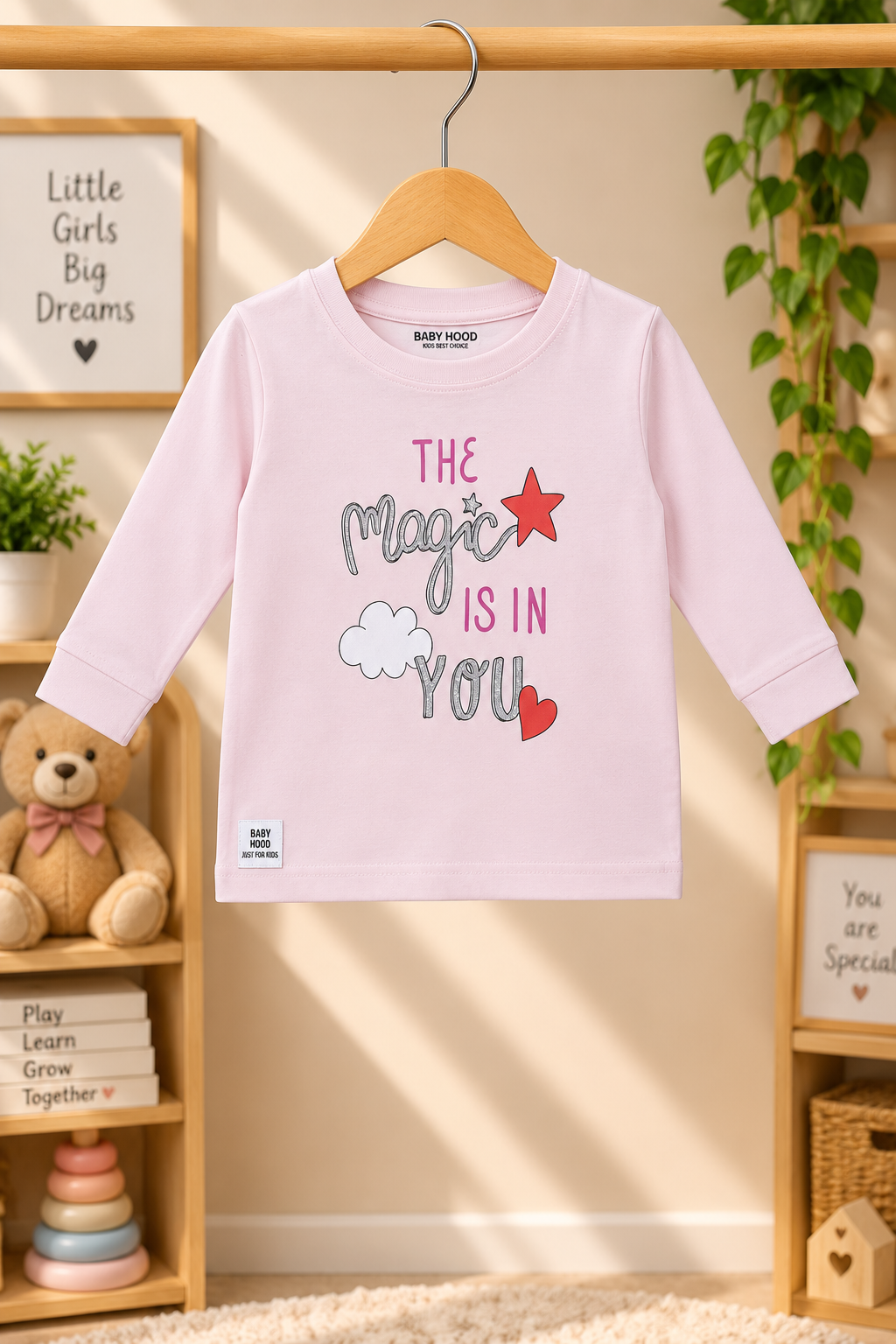 Girls The Magic Is In You Graphic Full Sleeve Sweatshirt and Printed Joggers Cotton Nightwear Lounge Set — Light Pink / White | Yokidz