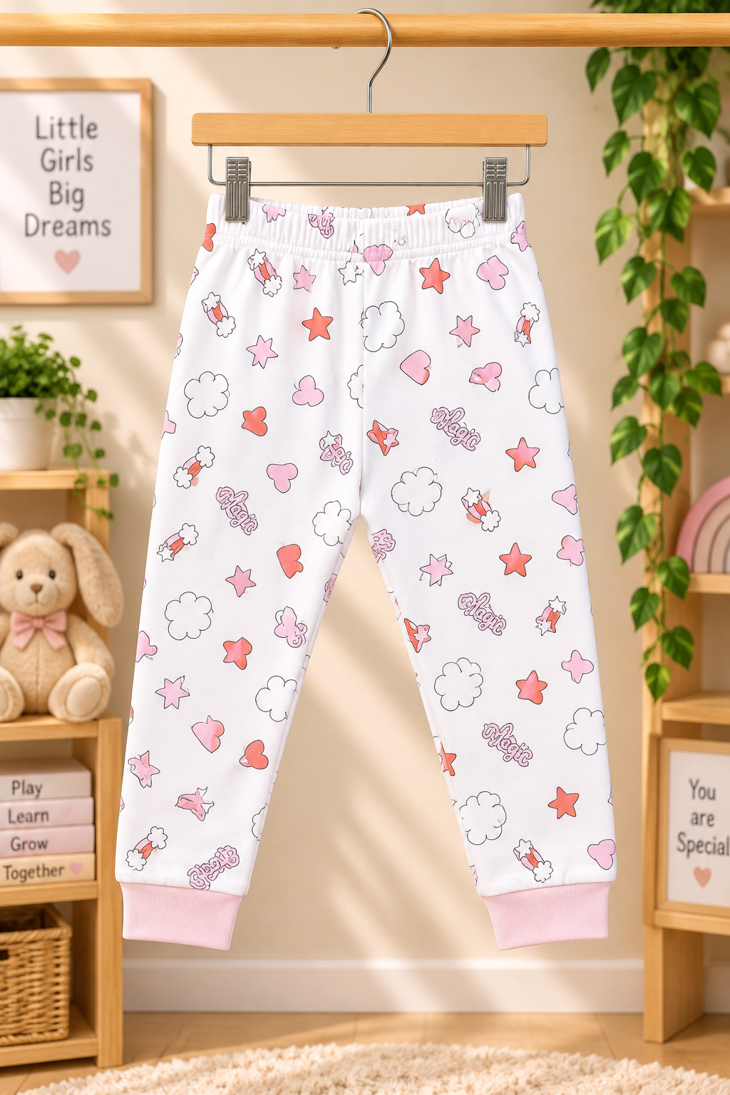 Girls The Magic Is In You Graphic Full Sleeve Sweatshirt and Printed Joggers Cotton Nightwear Lounge Set — Light Pink / White | Yokidz
