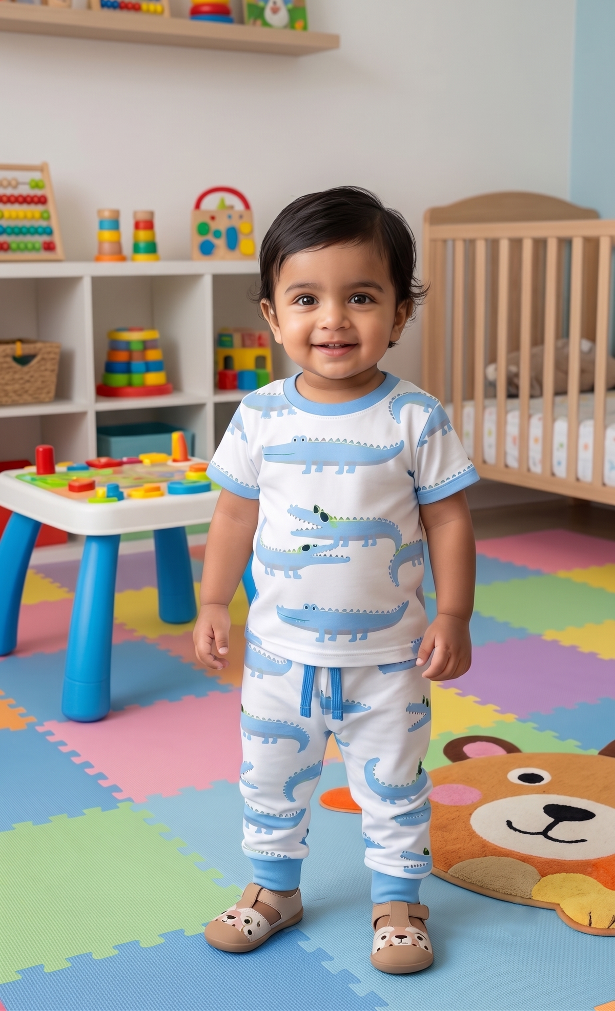 Infant Baby Cool Crocodile Print 2-Piece Cotton T-Shirt and Ribbed Pant Set — White | Yokidz