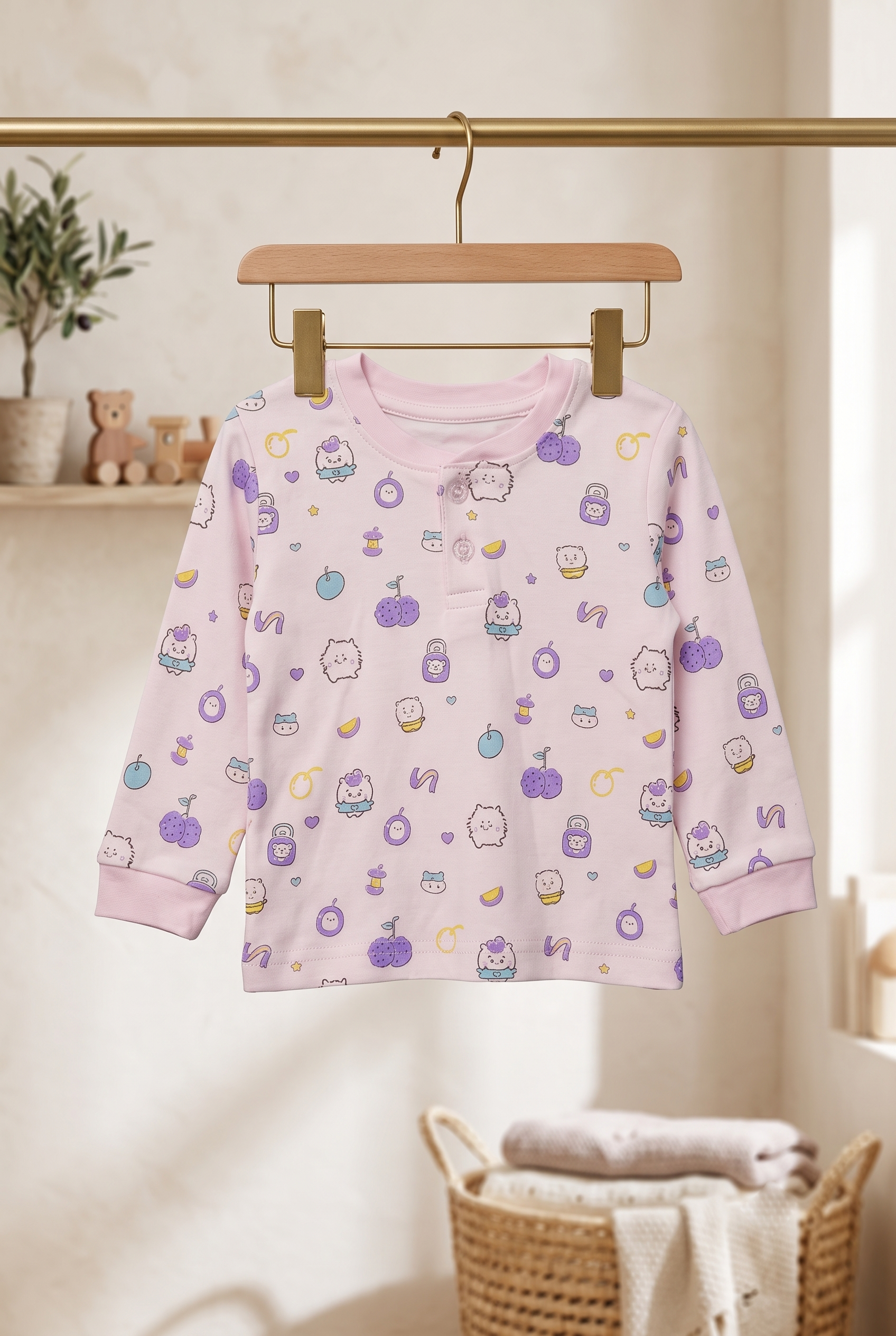 Infant Baby Cute Pastel Cartoon Print 2-Piece Cotton Full Sleeve Top and Ribbed Long Pant Set —  Yokidz - Light Moff
