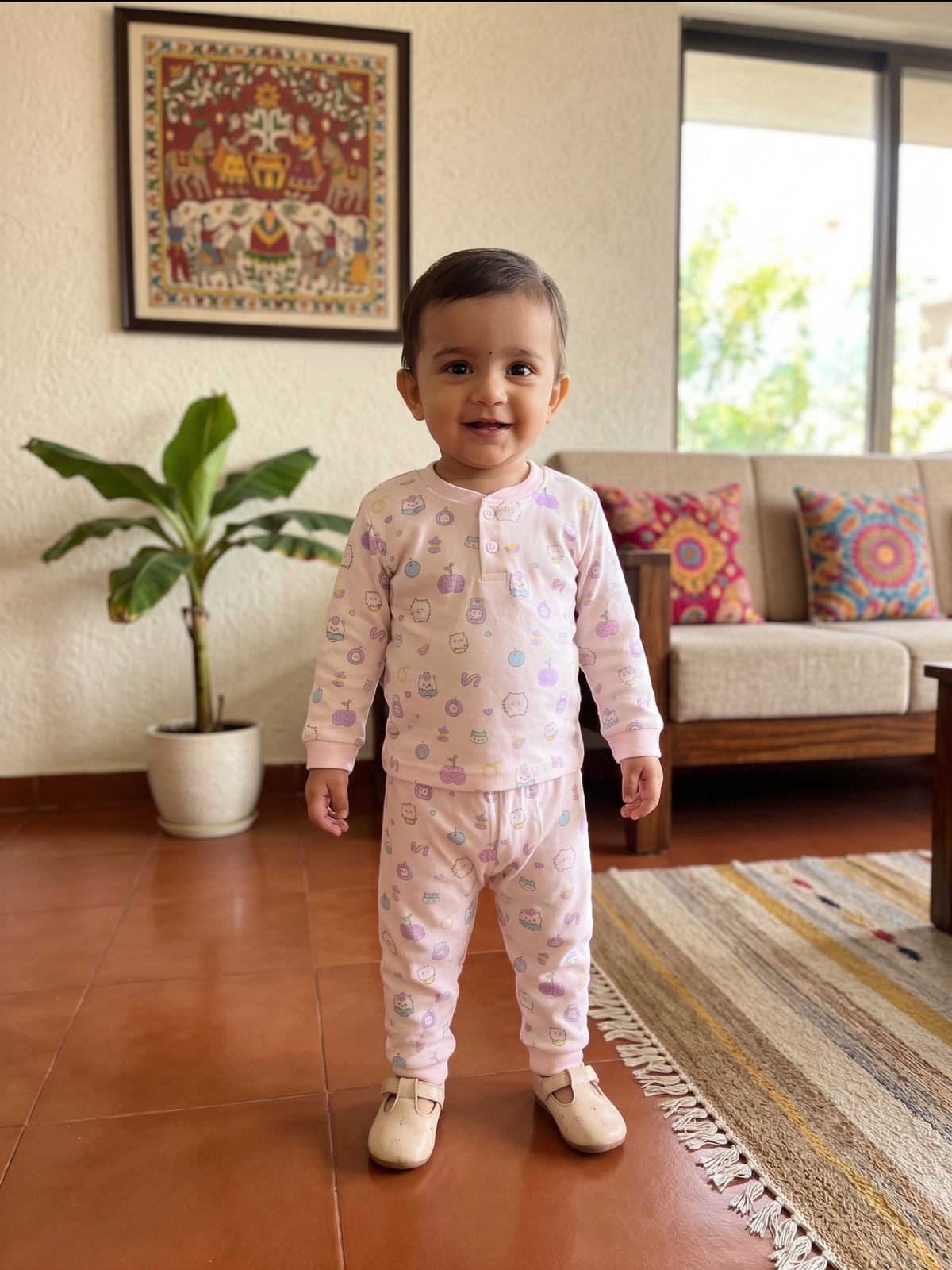 Infant Baby Cute Pastel Cartoon Print 2-Piece Cotton Full Sleeve Top and Ribbed Long Pant Set —  Yokidz - Light Moff
