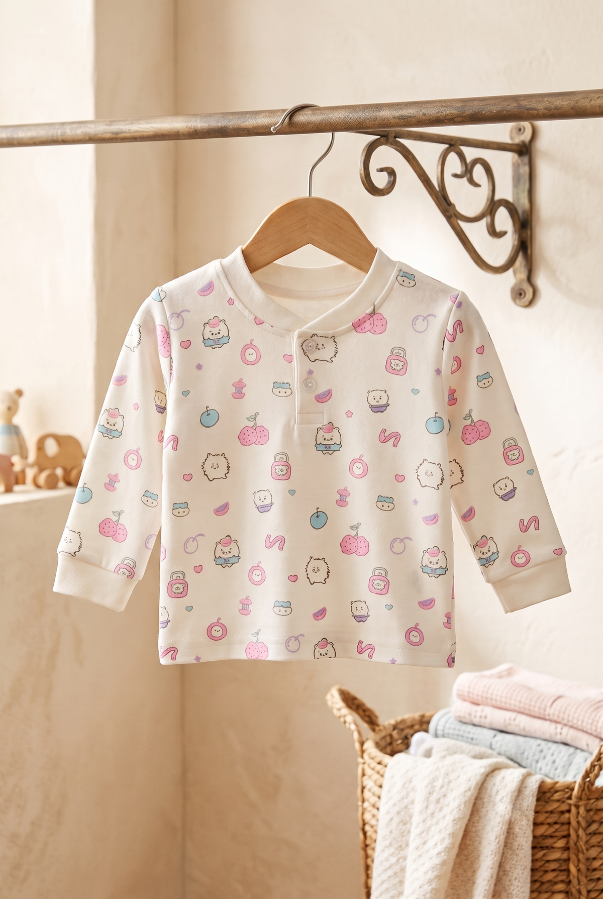 Infant Baby Cute Pastel Cartoon Print 2-Piece Cotton Full Sleeve Top and Ribbed Long Pant Set —  Yokidz