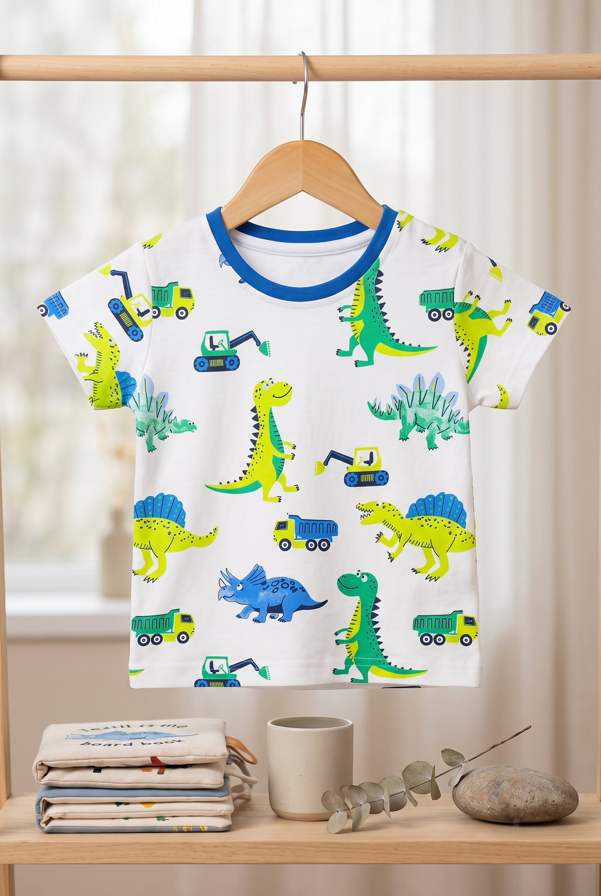 Infant Baby Dinosaur & Truck Print 2-Piece Cotton T-Shirt and Shorts Set — White | Yokidz