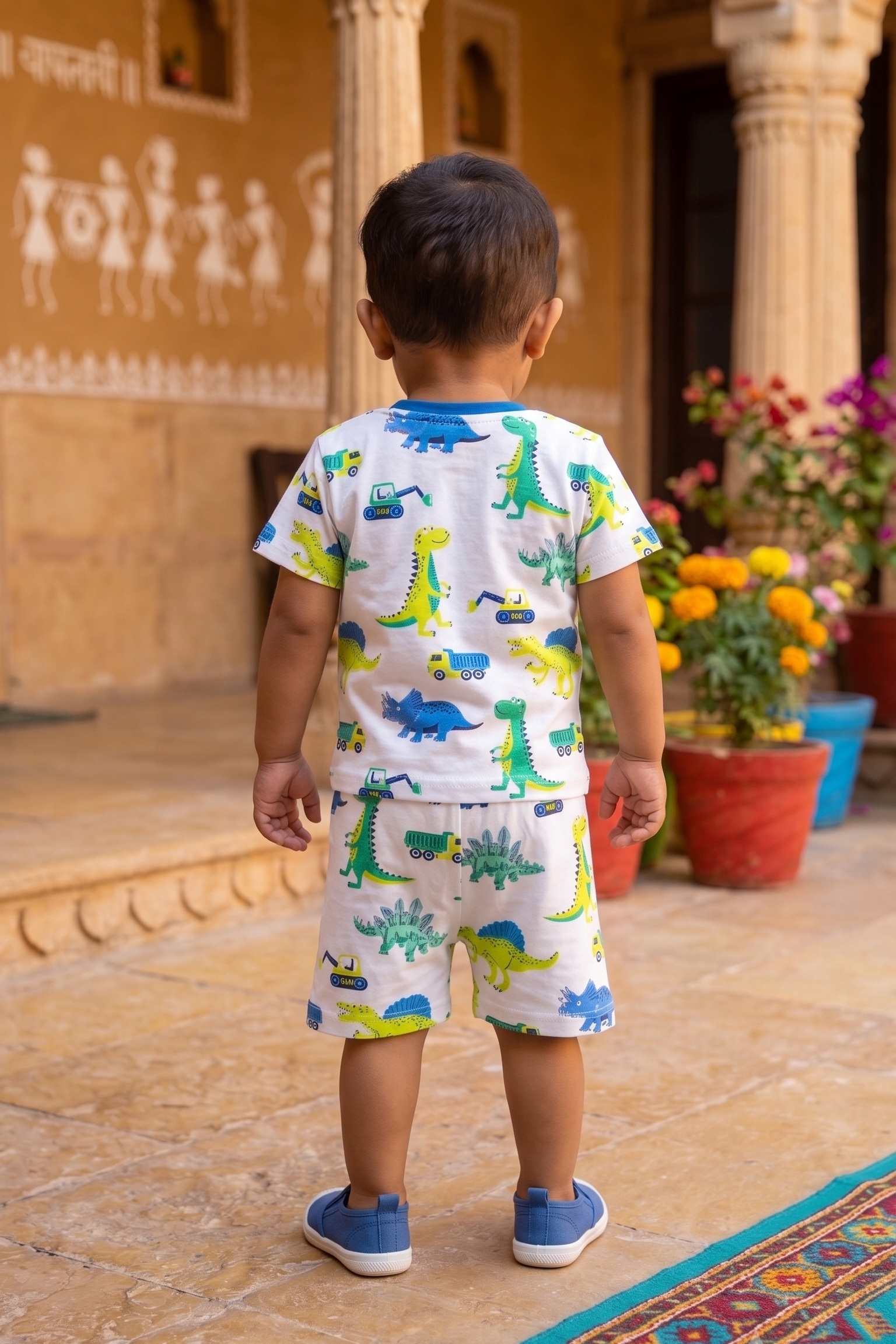 Infant Baby Dinosaur & Truck Print 2-Piece Cotton T-Shirt and Shorts Set — White | Yokidz