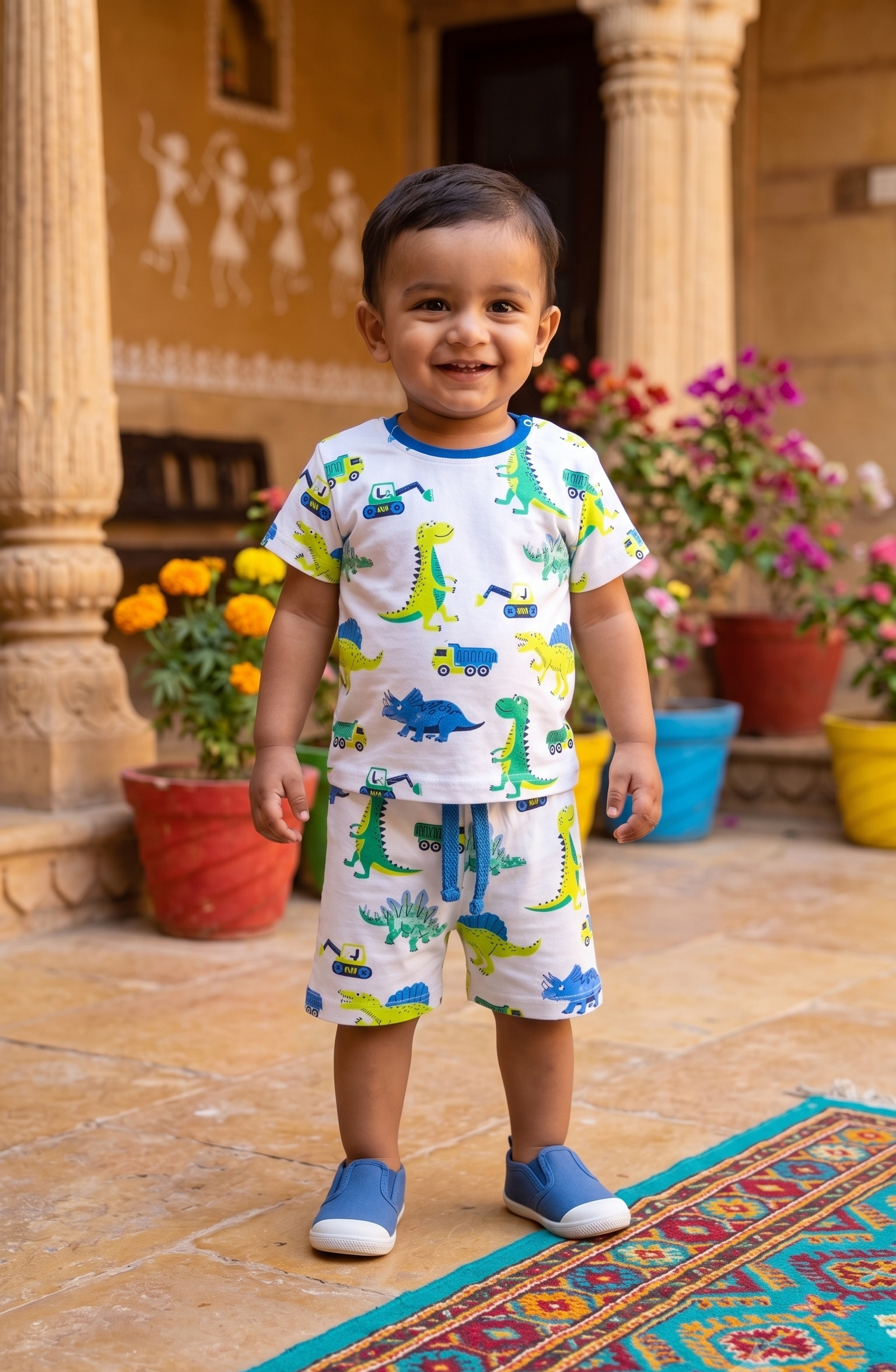 Infant Baby Dinosaur & Truck Print 2-Piece Cotton T-Shirt and Shorts Set — White | Yokidz