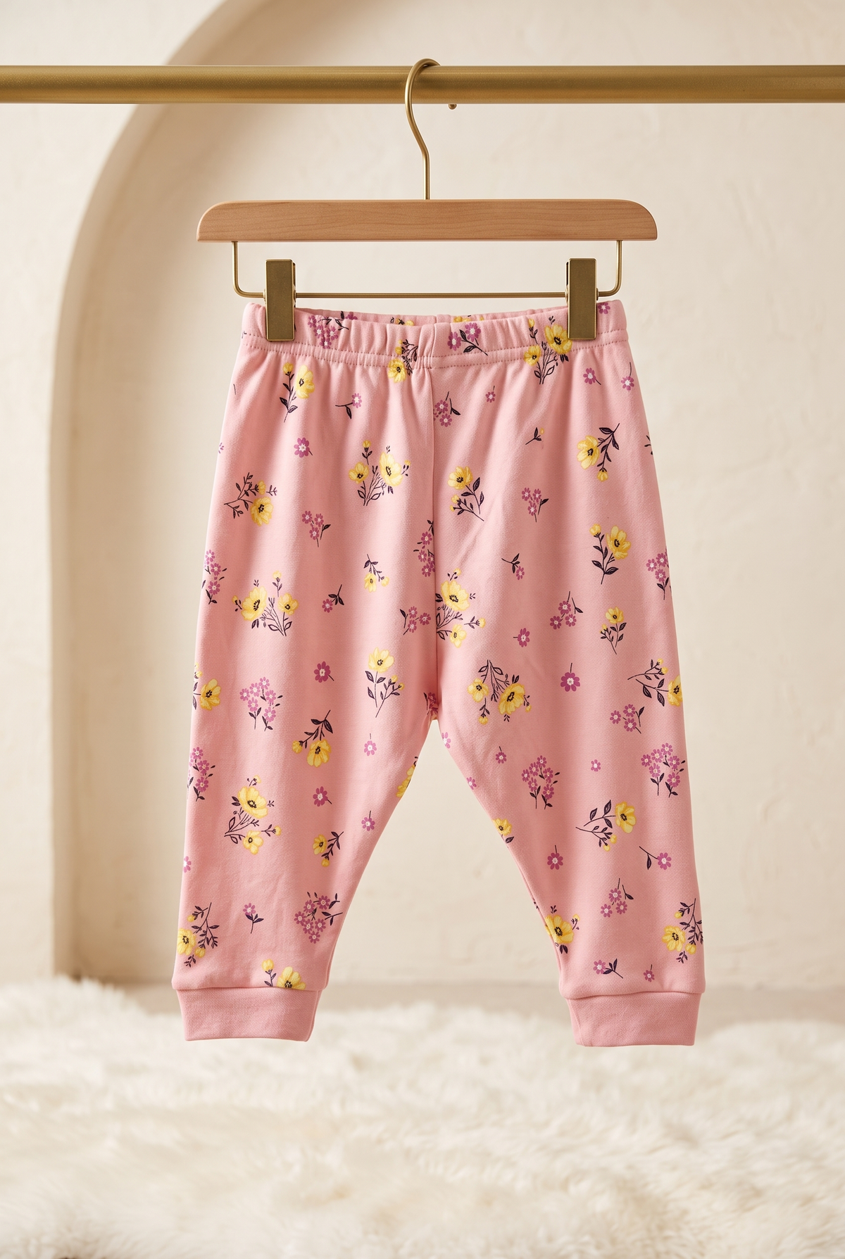 Infant Baby Ditsy Floral Print 2-Piece Cotton Full Sleeve Top and Ribbed Long Pant Set — Dusty Pink | Yokidz