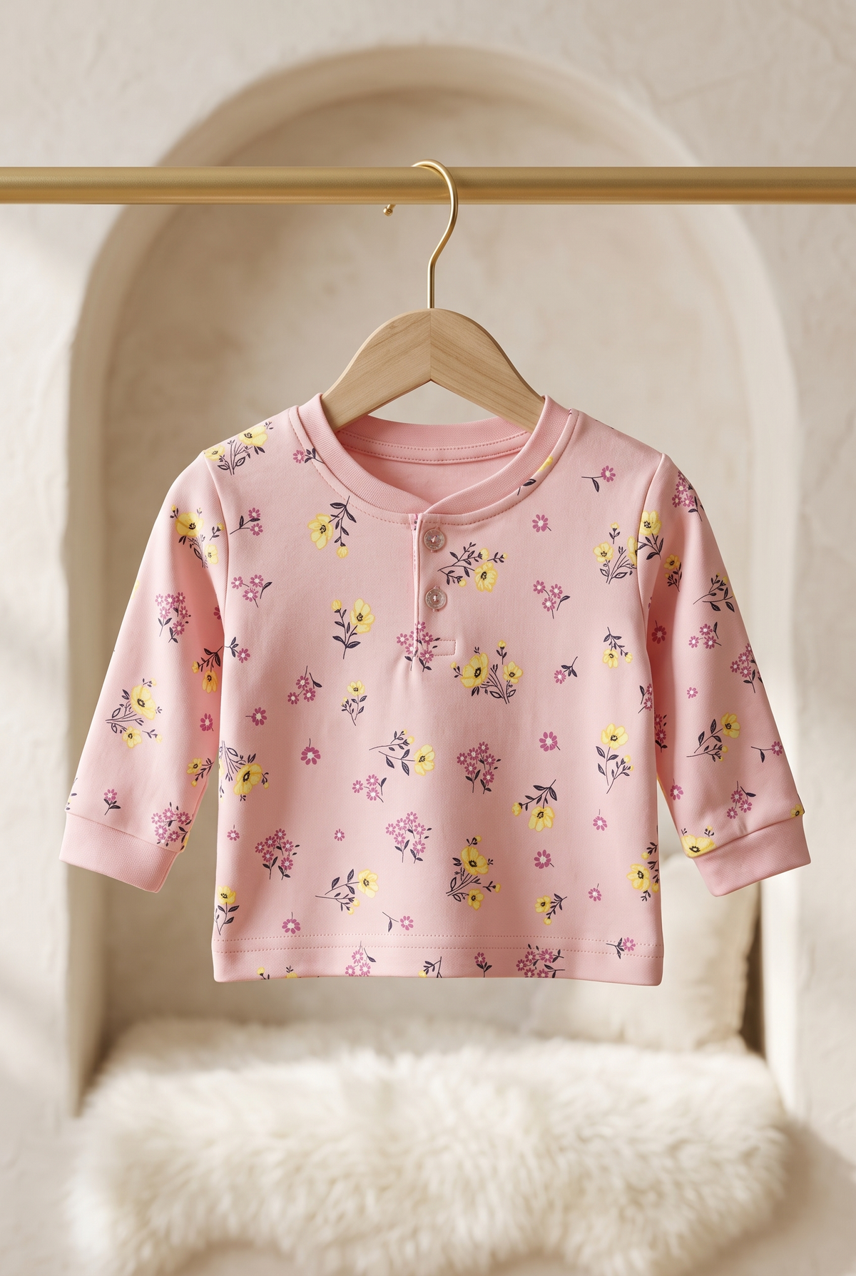 Infant Baby Ditsy Floral Print 2-Piece Cotton Full Sleeve Top and Ribbed Long Pant Set — Dusty Pink | Yokidz