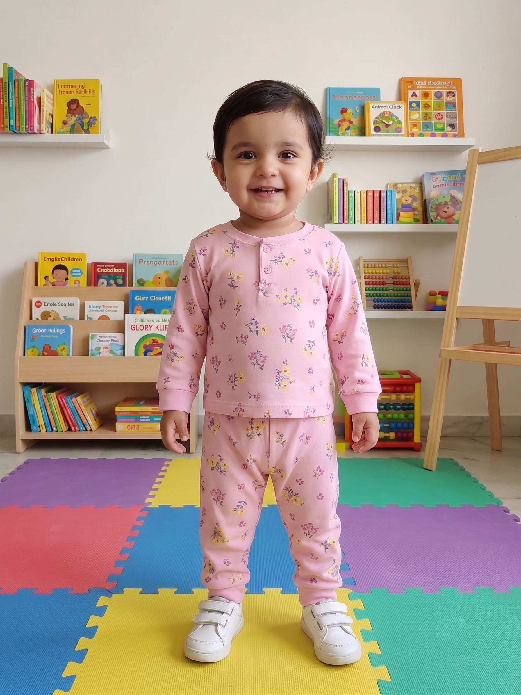 Infant Baby Ditsy Floral Print 2-Piece Cotton Full Sleeve Top and Ribbed Long Pant Set — Dusty Pink | Yokidz