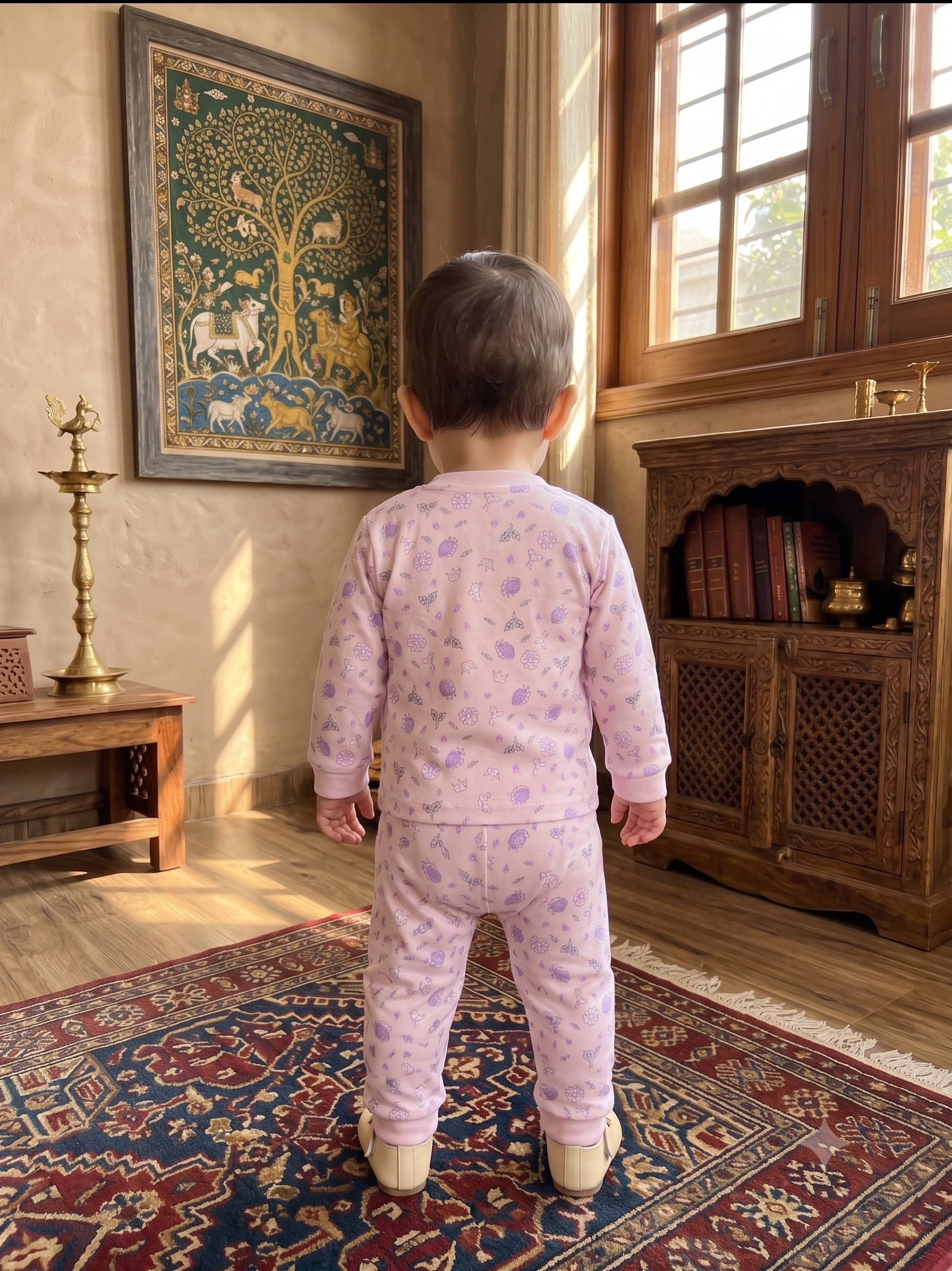 Infant Baby Floral Doodle Print 2-Piece Cotton Full Sleeve Top and Ribbed Long Pant Set — Baby Pink | Yokidz