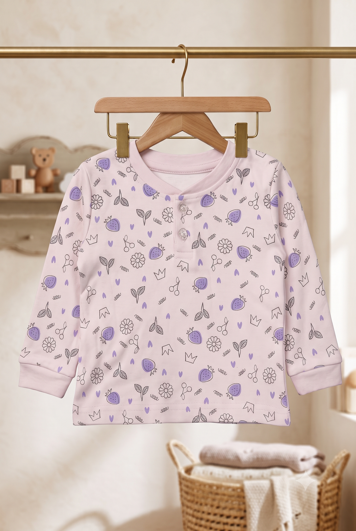 Infant Baby Floral Doodle Print 2-Piece Cotton Full Sleeve Top and Ribbed Long Pant Set — Baby Pink | Yokidz