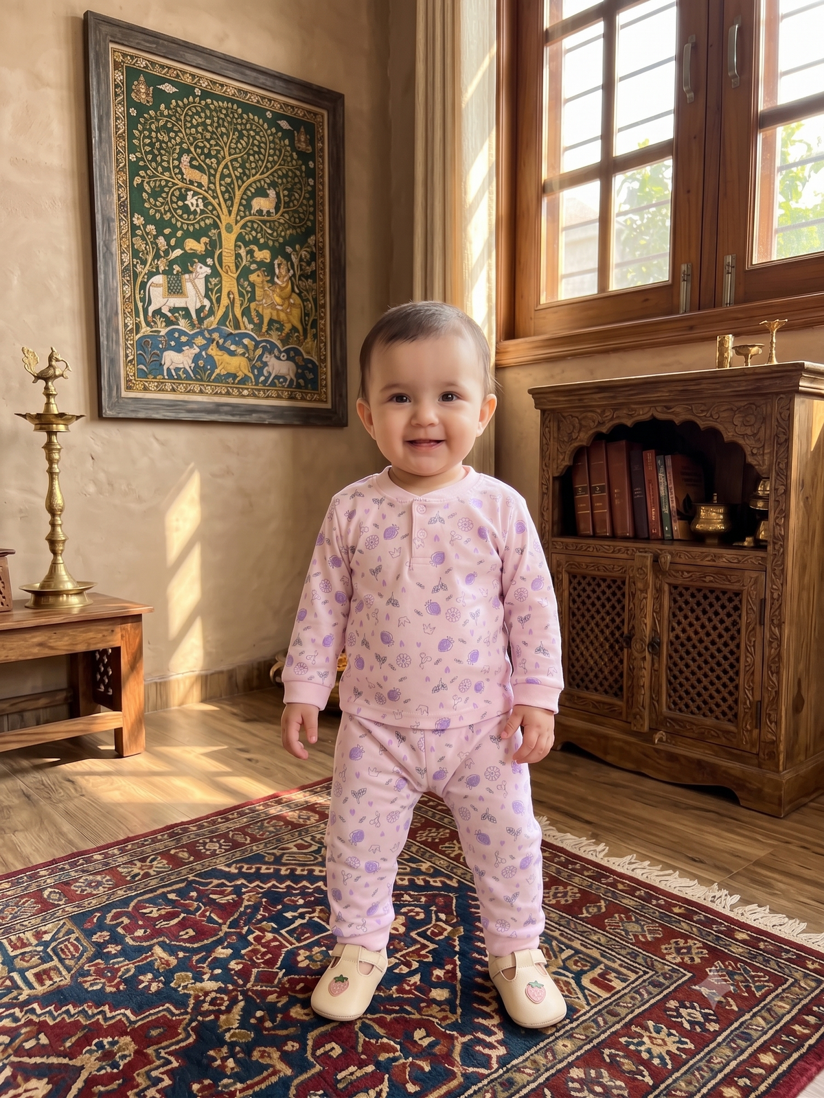 Infant Baby Floral Doodle Print 2-Piece Cotton Full Sleeve Top and Ribbed Long Pant Set — Baby Pink | Yokidz