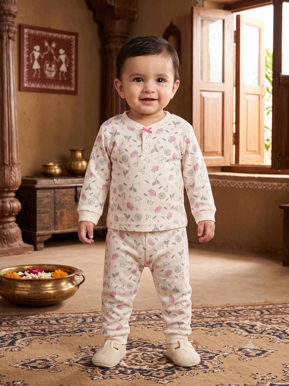 Infant Baby Floral Doodle Print 2-Piece Cotton Full Sleeve Top and Ribbed Long Pant Set —  Yokidz