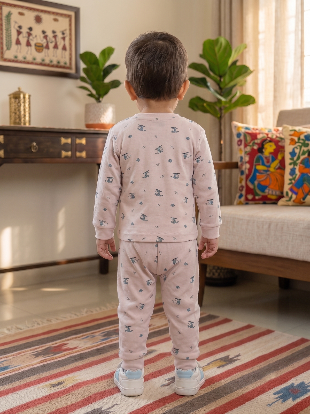 Infant Baby Helicopter Print 2-Piece Cotton Full Sleeve Top and Ribbed Long Pant Set — Peach Yokidz
