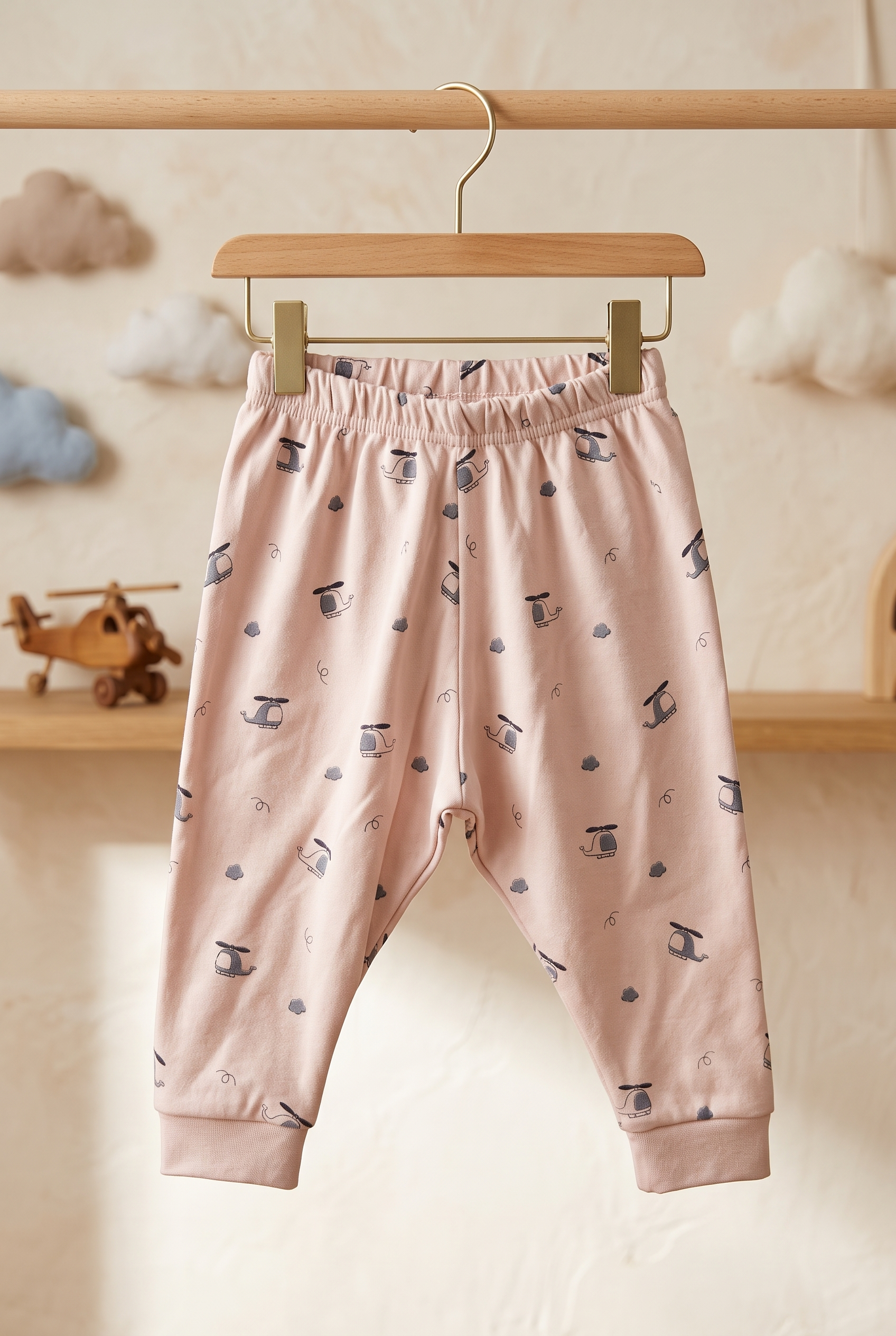 Infant Baby Helicopter Print 2-Piece Cotton Full Sleeve Top and Ribbed Long Pant Set — Peach Yokidz