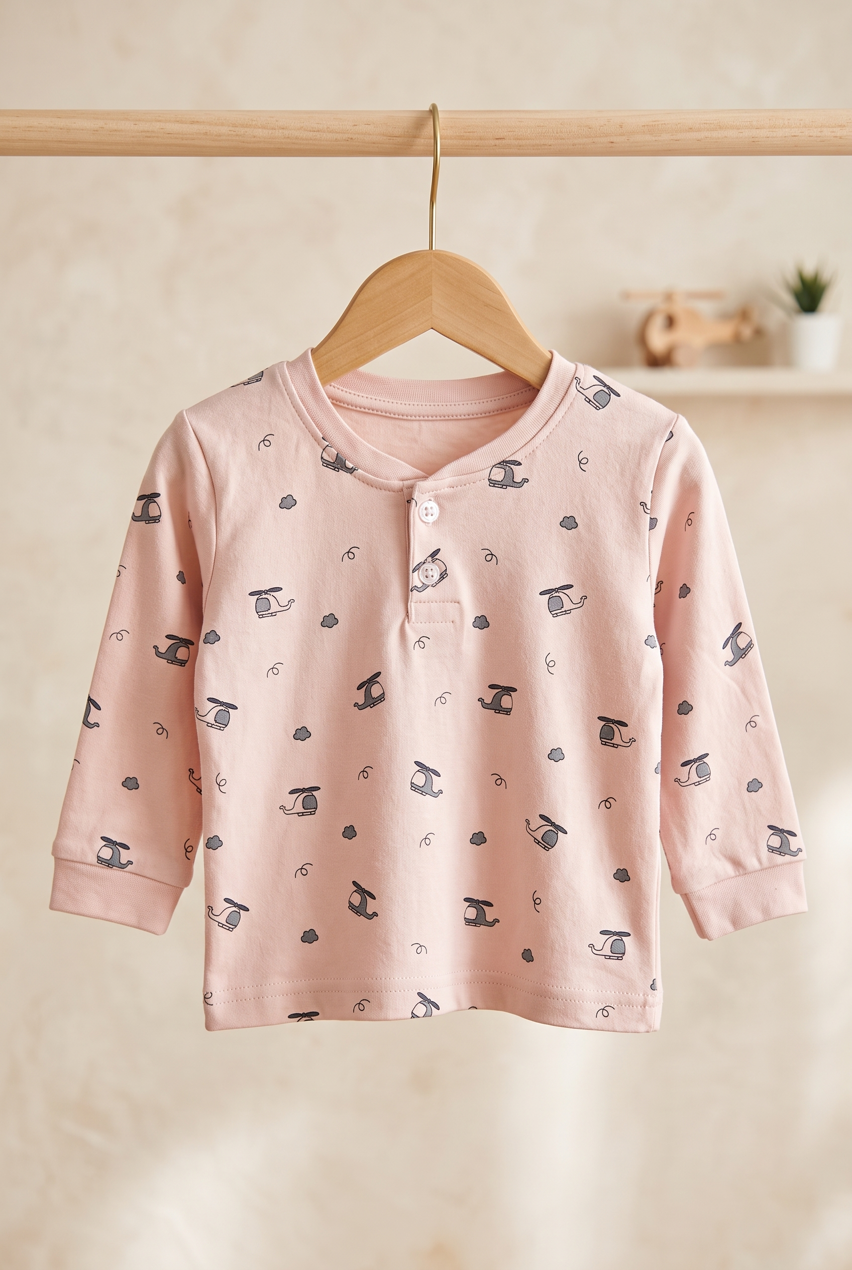 Infant Baby Helicopter Print 2-Piece Cotton Full Sleeve Top and Ribbed Long Pant Set — Peach Yokidz