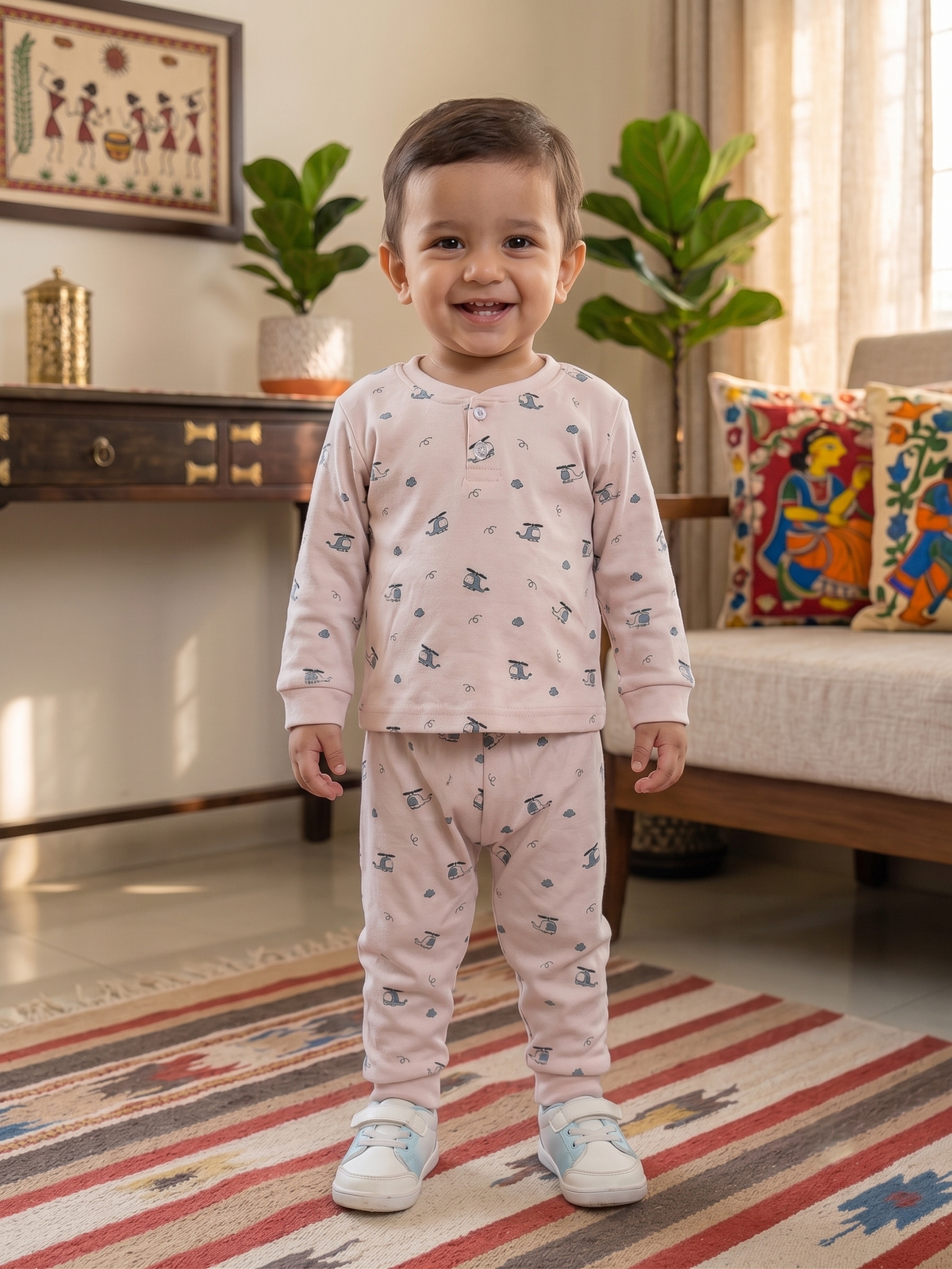 Infant Baby Helicopter Print 2-Piece Cotton Full Sleeve Top and Ribbed Long Pant Set — Peach Yokidz