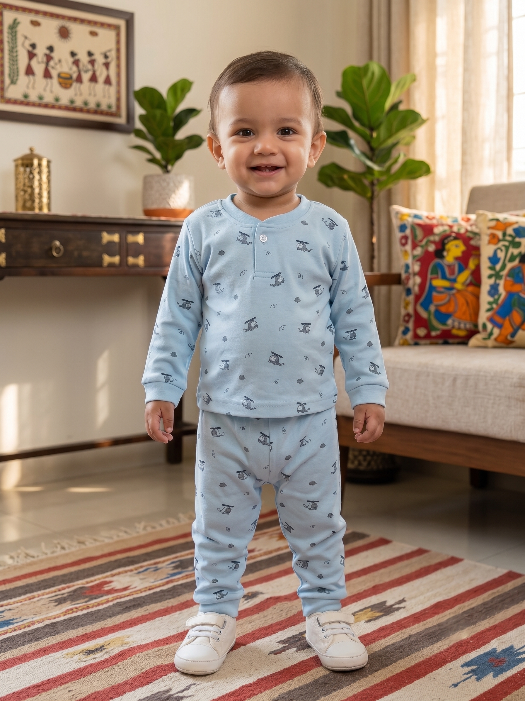 Infant Baby Helicopter Print 2-Piece Cotton Full Sleeve Top and Ribbed Long Pant Set —  Yokidz