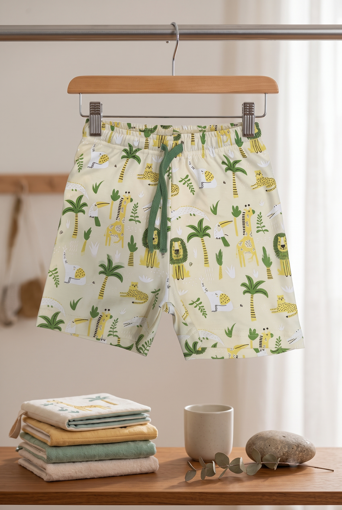 Infant Baby Jungle Safari & Palm Tree Print 2-Piece Cotton T-Shirt and Shorts Set — Light Yellow | Yokidz