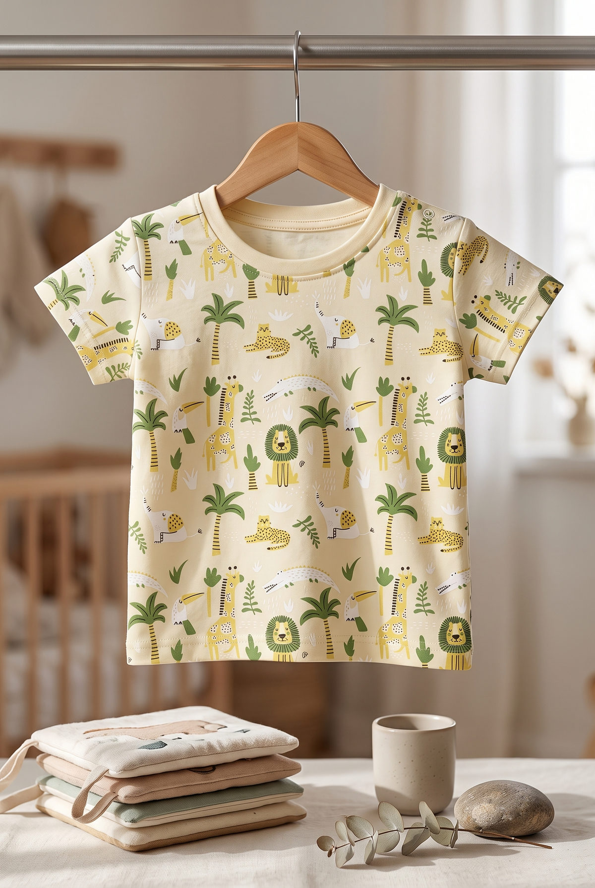 Infant Baby Jungle Safari & Palm Tree Print 2-Piece Cotton T-Shirt and Shorts Set — Light Yellow | Yokidz