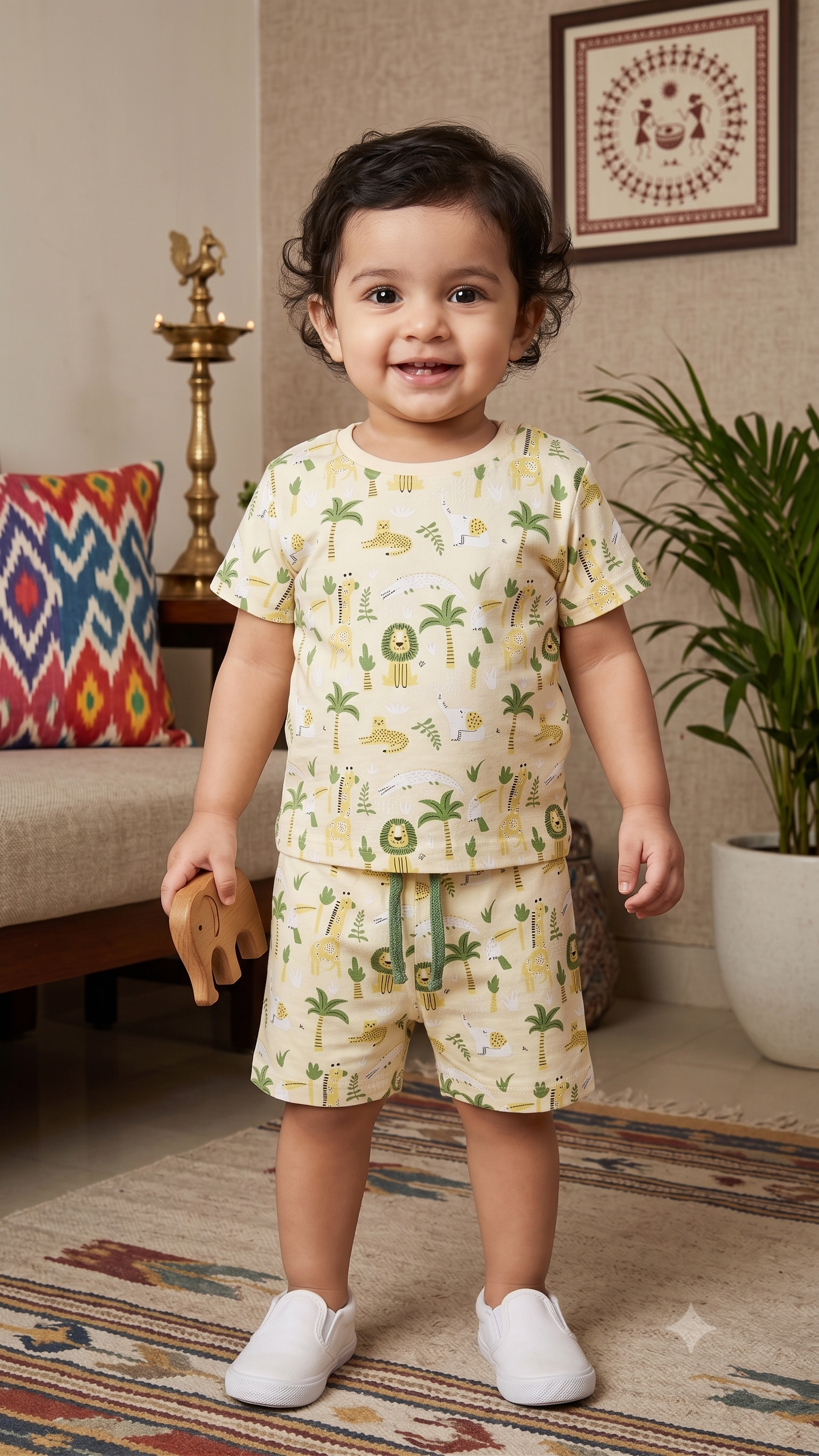Infant Baby Jungle Safari & Palm Tree Print 2-Piece Cotton T-Shirt and Shorts Set — Beige | Yokidz
