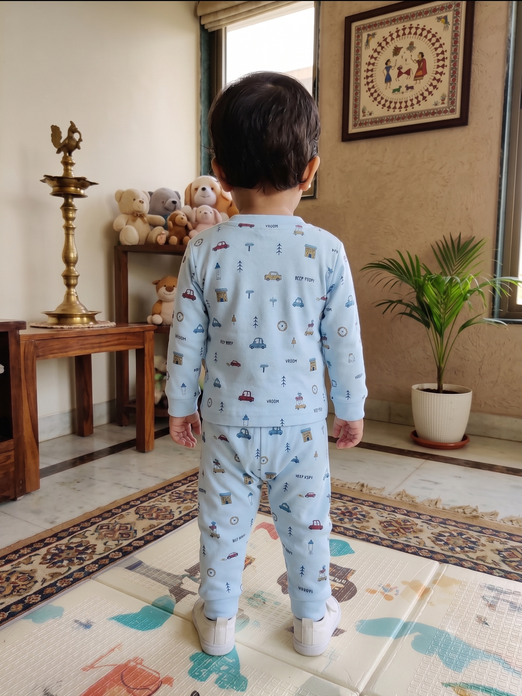 Infant Baby Little Car Doodle Print 2-Piece Cotton Full Sleeve Top and Ribbed Long Pant Set — Light Blue | Yokidz