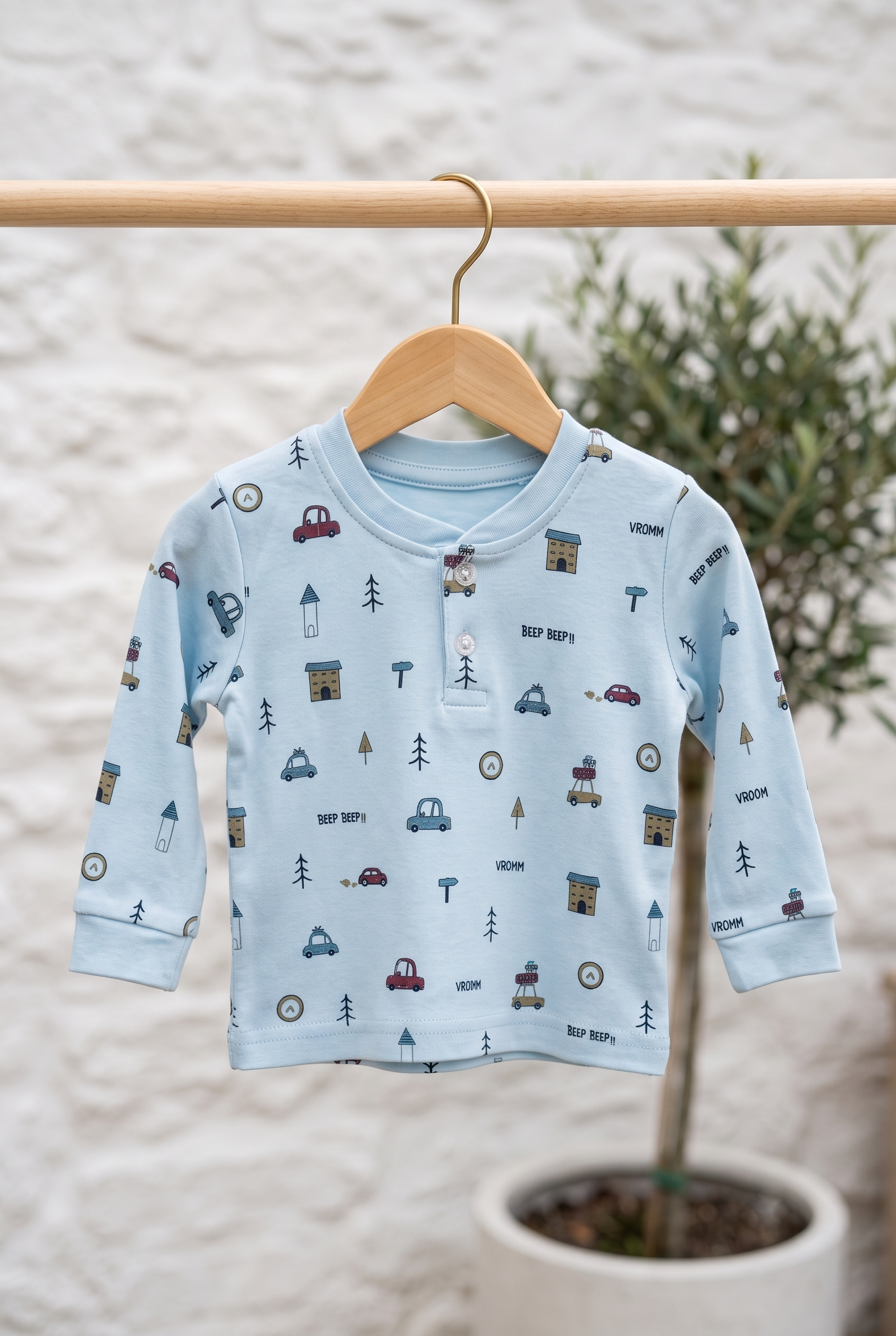 Infant Baby Little Car Doodle Print 2-Piece Cotton Full Sleeve Top and Ribbed Long Pant Set — Light Blue | Yokidz