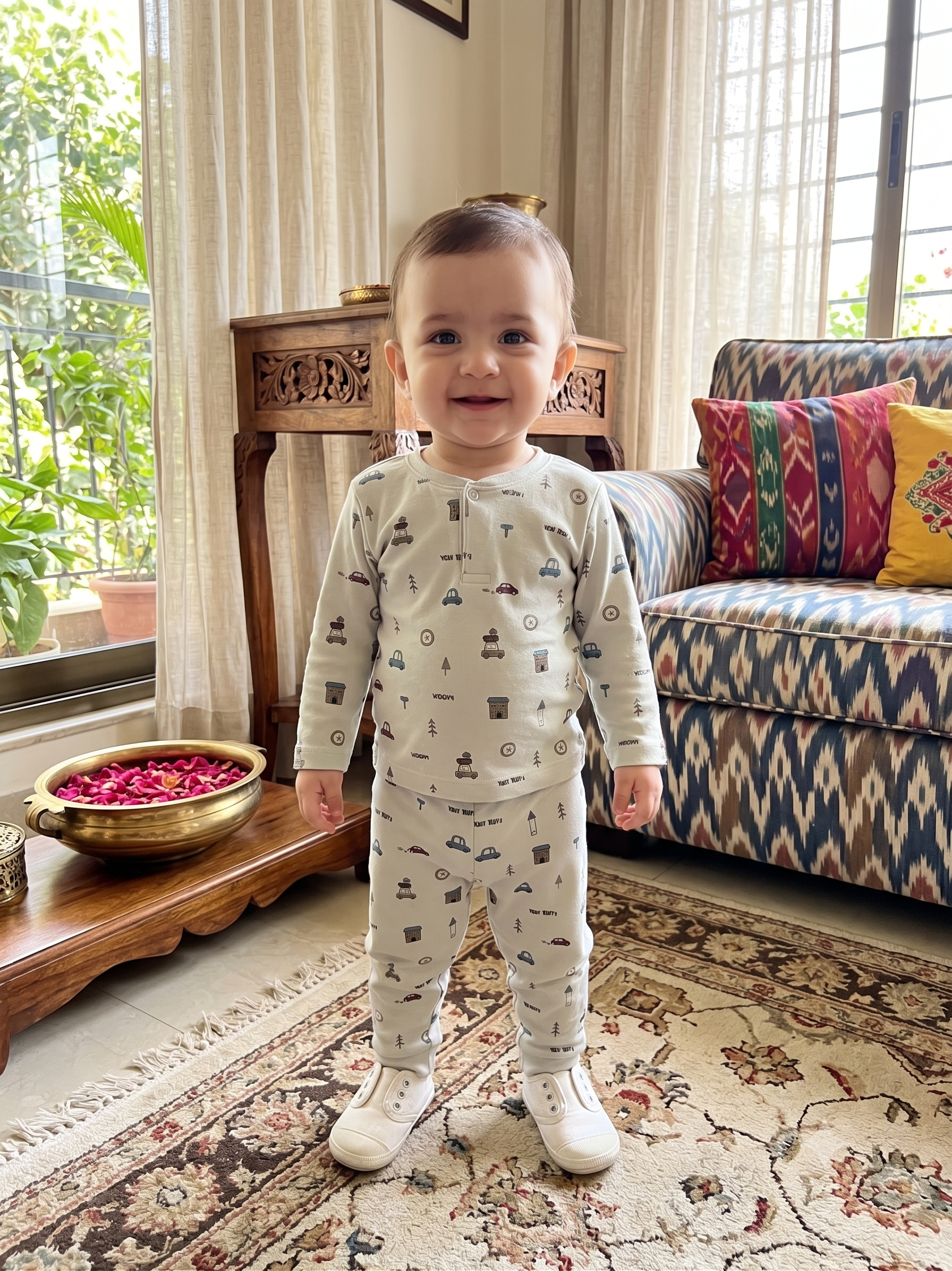 Infant Baby Little Car Doodle Print 2-Piece Cotton Full Sleeve Top and Ribbed Long Pant Set — Light Blue | Yokidz