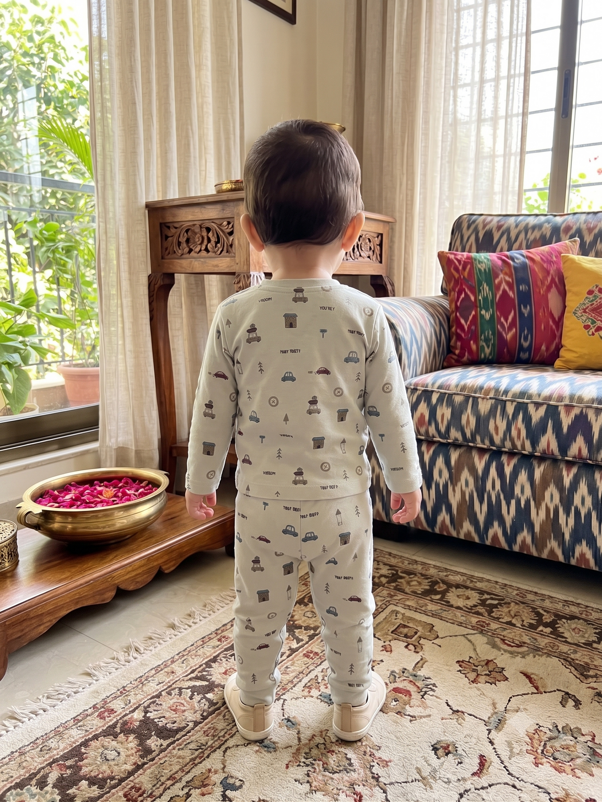 Infant Baby Little Car Doodle Print 2-Piece Cotton Full Sleeve Top and Ribbed Long Pant Set — Light Blue | Yokidz
