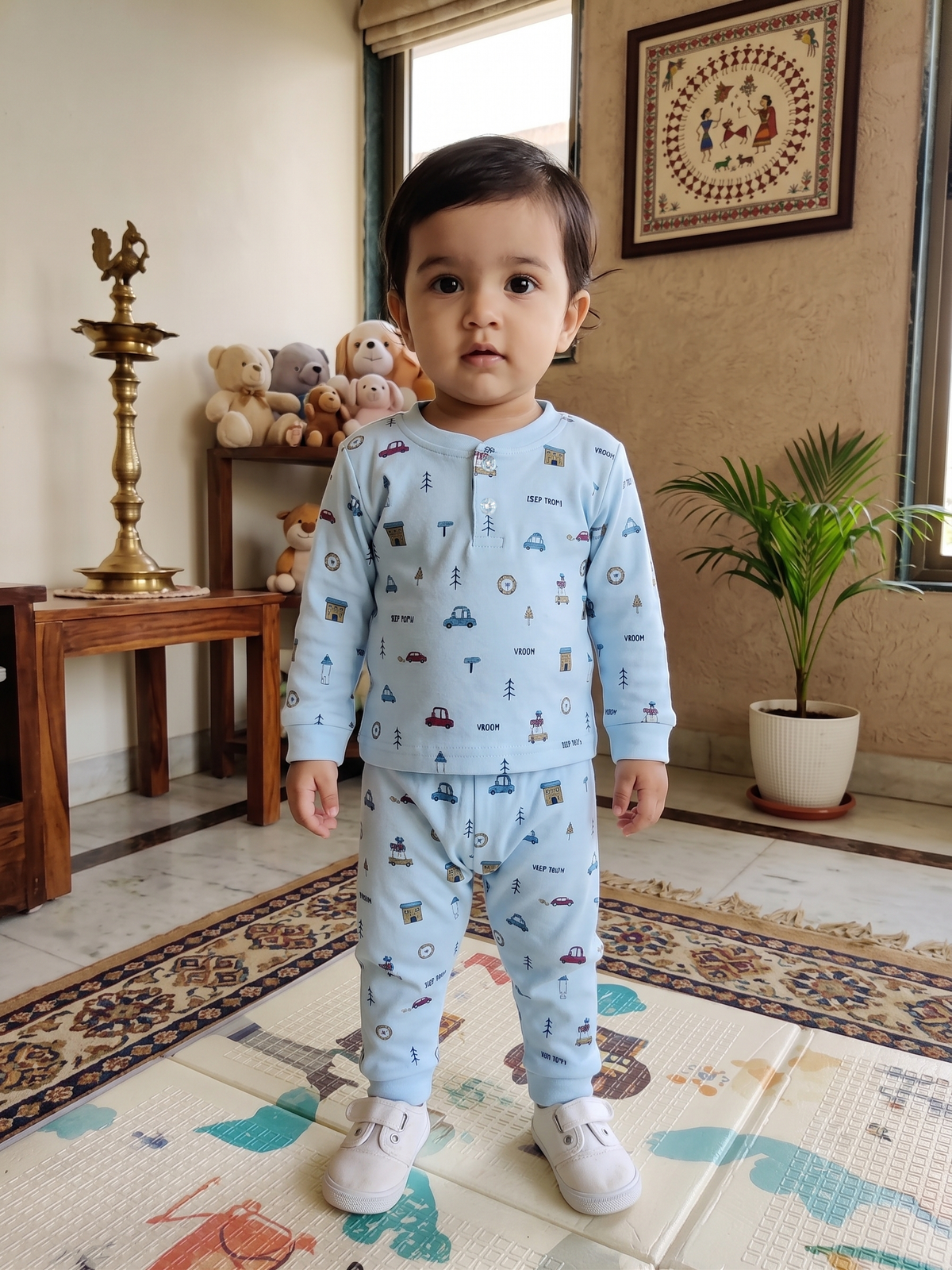 Infant Baby Little Car Doodle Print 2-Piece Cotton Full Sleeve Top and Ribbed Long Pant Set — Light Blue | Yokidz