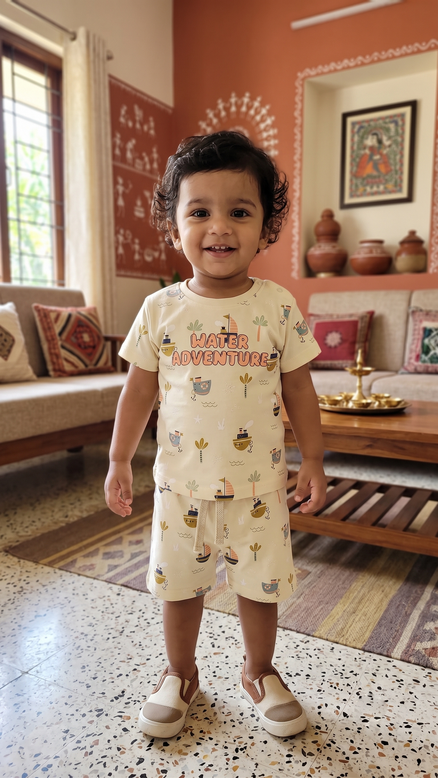 Infant Baby Water Adventure Boat Print 2-Piece Cotton T-Shirt and Shorts Set — Light Yellow | Yokidz