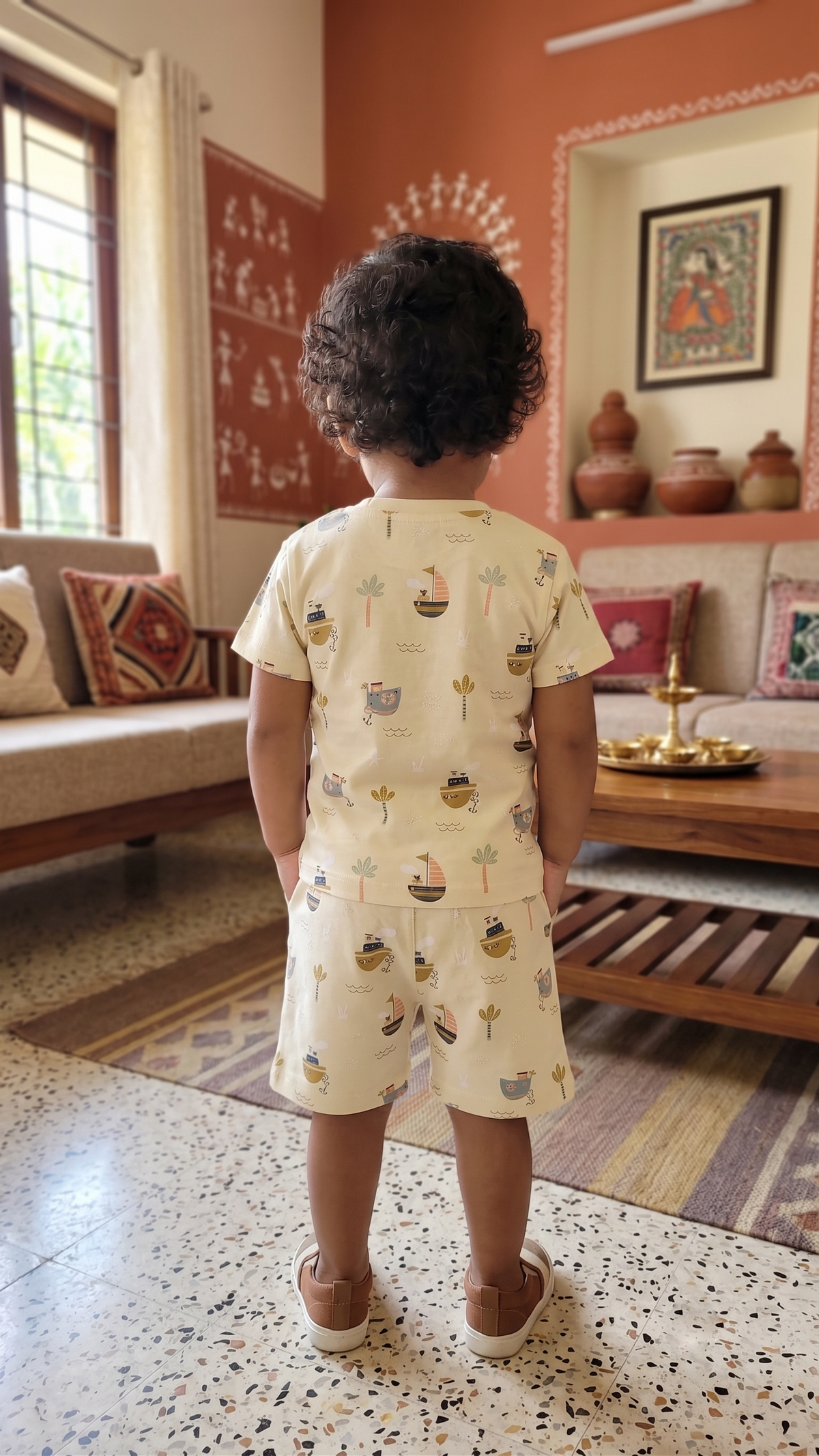 Infant Baby Water Adventure Boat Print 2-Piece Cotton T-Shirt and Shorts Set — Light Yellow | Yokidz