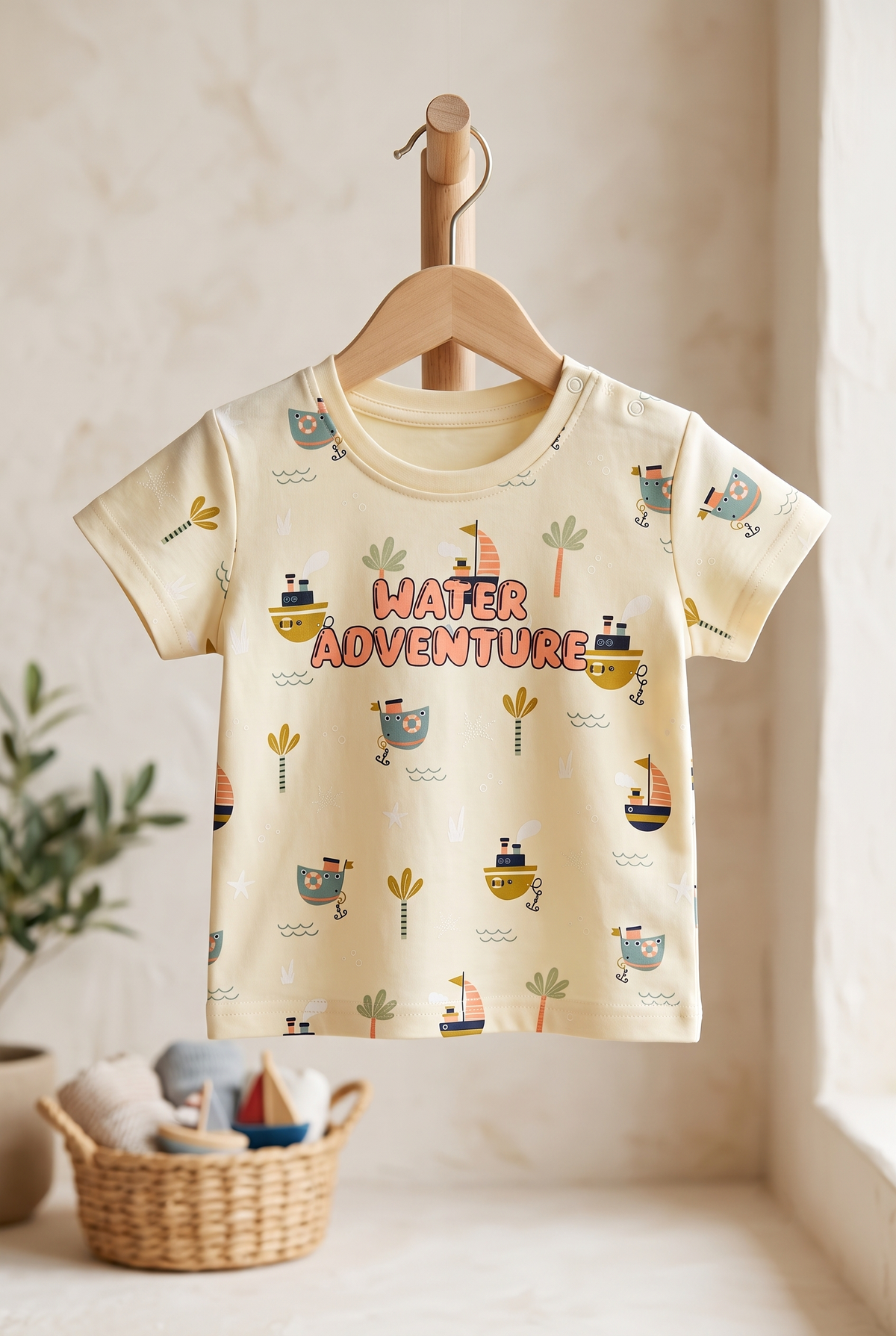 Infant Baby Water Adventure Boat Print 2-Piece Cotton T-Shirt and Shorts Set — Beige | Yokidz