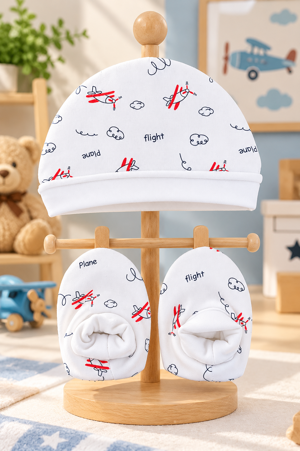 Newborn Baby Cotton Fleece Cap and Booties Set (Pack of 2) — Colorful Cars & Airplane Print | Yokidz