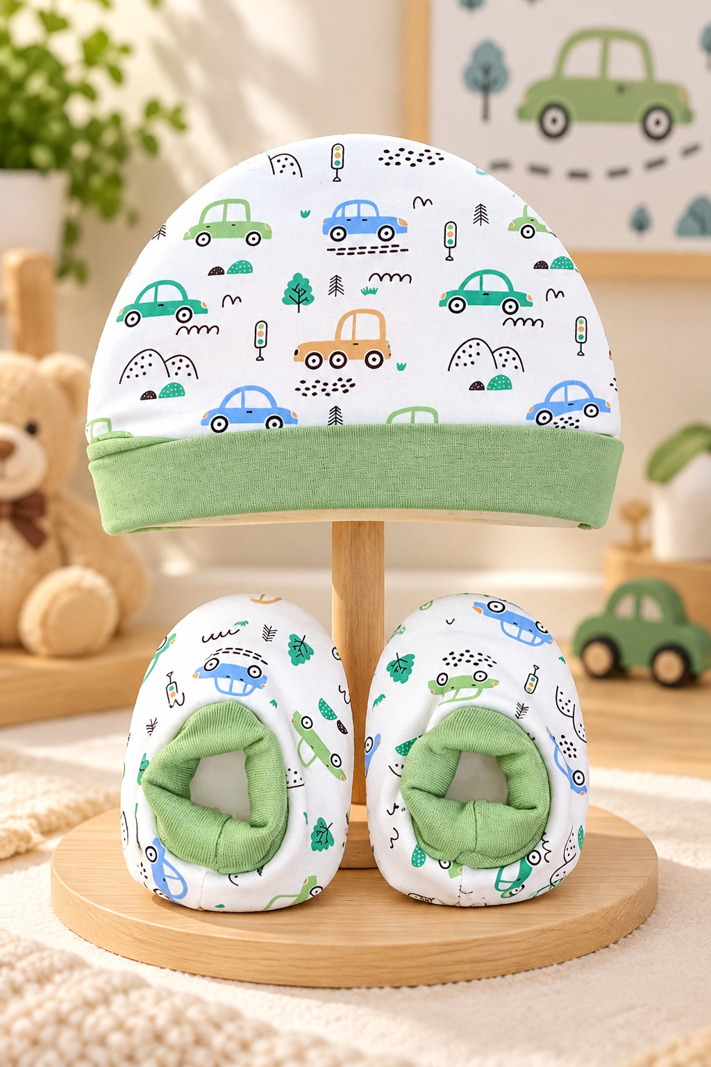 Newborn Baby Cotton Fleece Cap and Booties Set (Pack of 2) — Colorful Cars & Airplane Print | Yokidz
