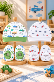 Newborn Baby Cotton Cap and Booties Set (Pack of 2) — Colorful Cars & Airplane Print  Yokidz
