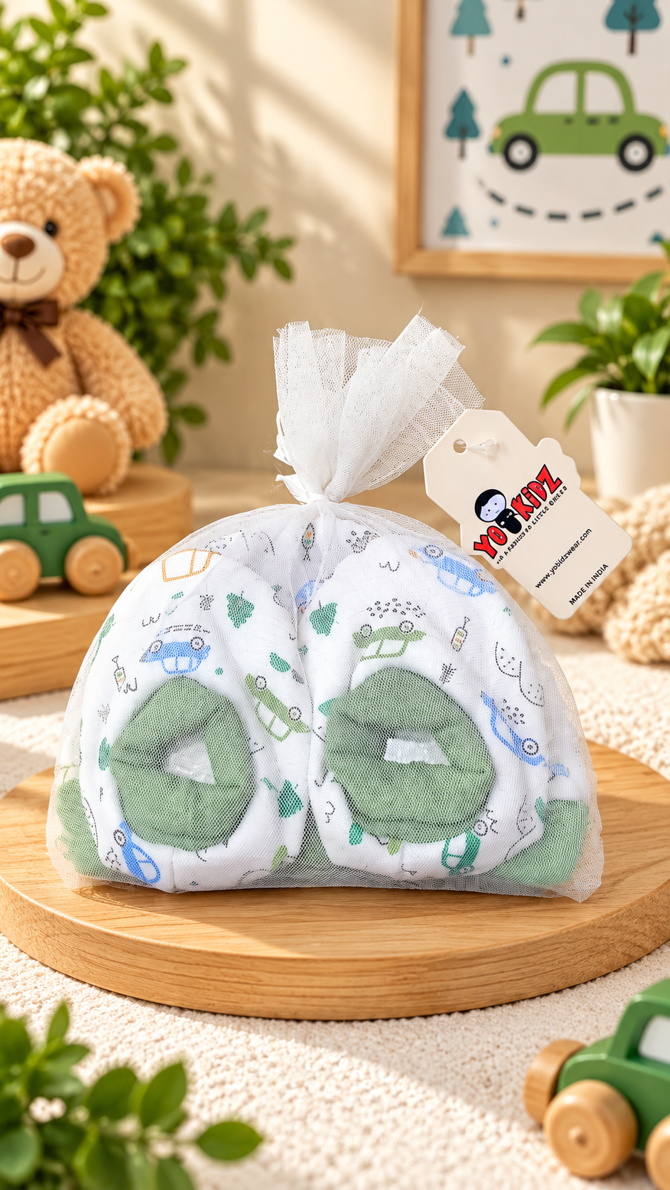 Newborn Baby Cotton Fleece Cap and Booties Set (Pack of 2) — Colorful Cars & Airplane Print | Yokidz
